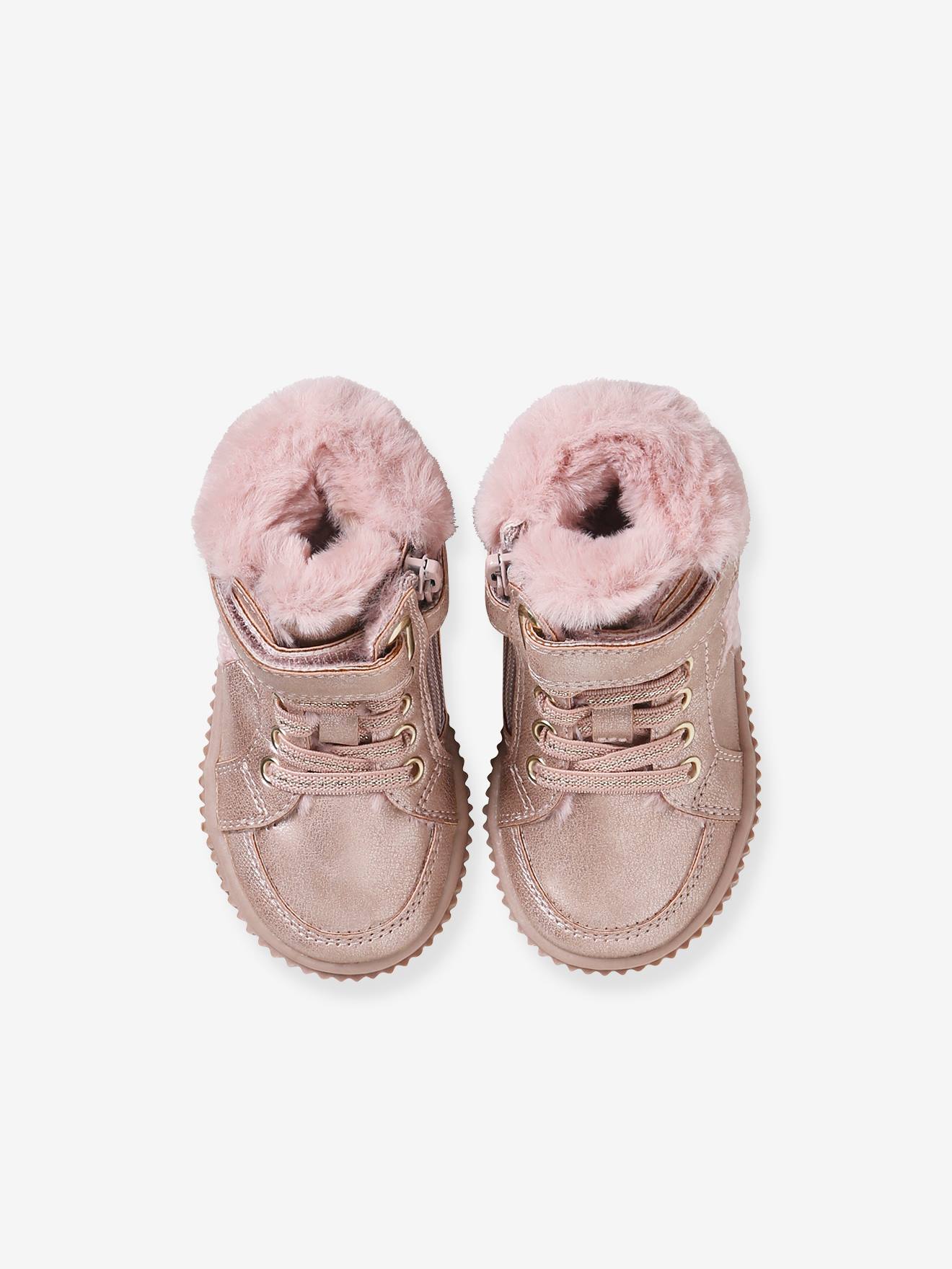 Baskets fourrées lacées, scratchées et zippées bébé rose nude