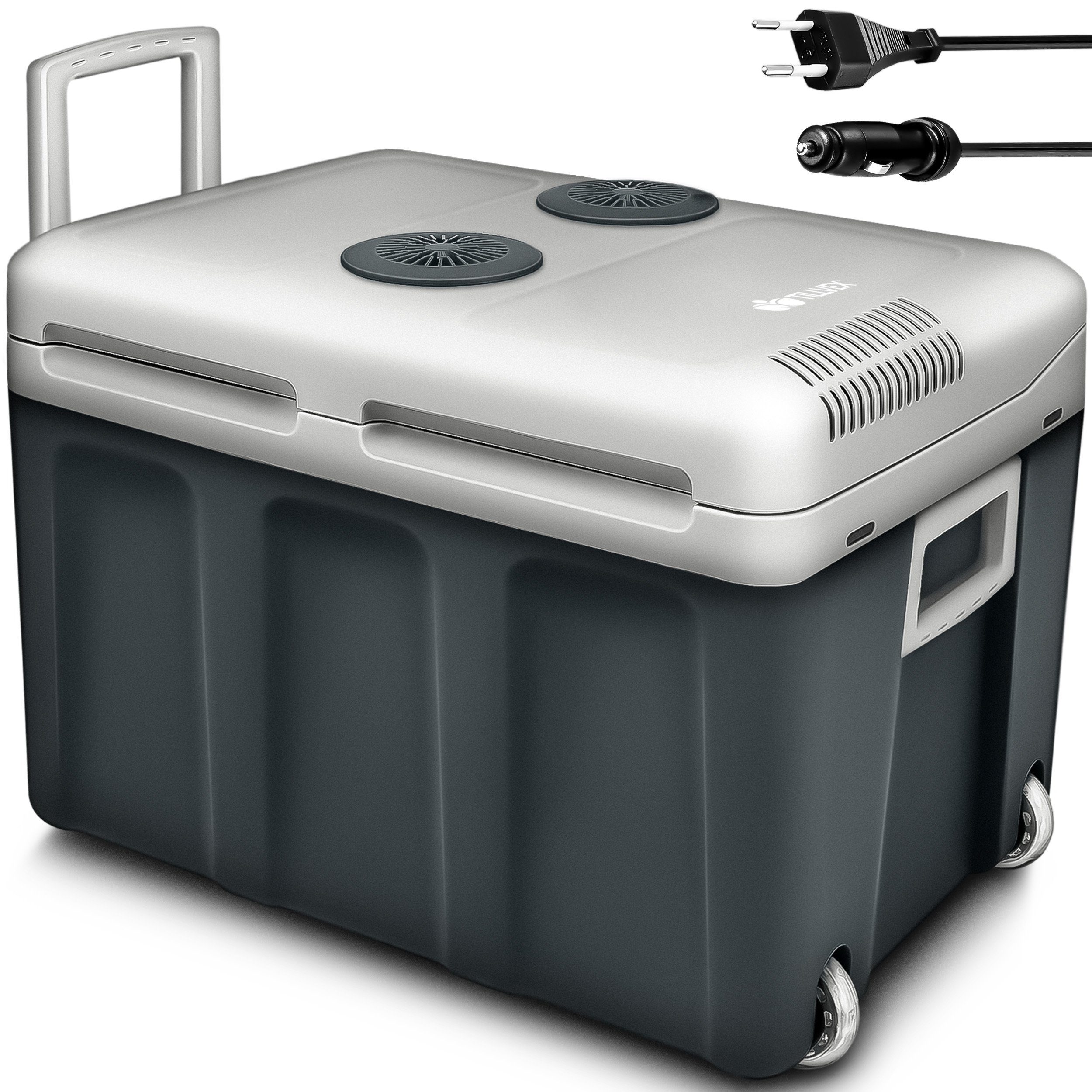 tillvex Kühlbox elektrisch 40L mit Rollen Mini-Kühlschrank, 230 V und 12 V für KFZ Auto Camping, kühlt & wärmt, ECO-Modus