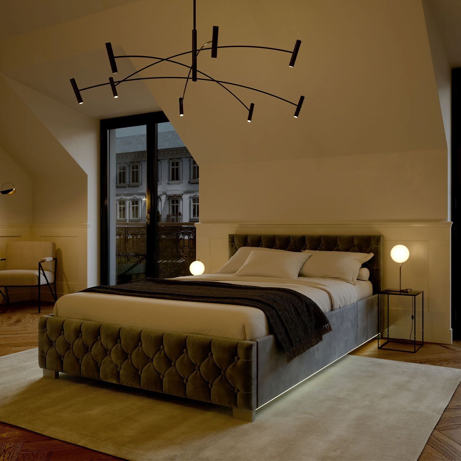 Juskys Polsterbett Nizza, Bettkasten, LED Licht, Chesterfield Steppung, Samtbezug