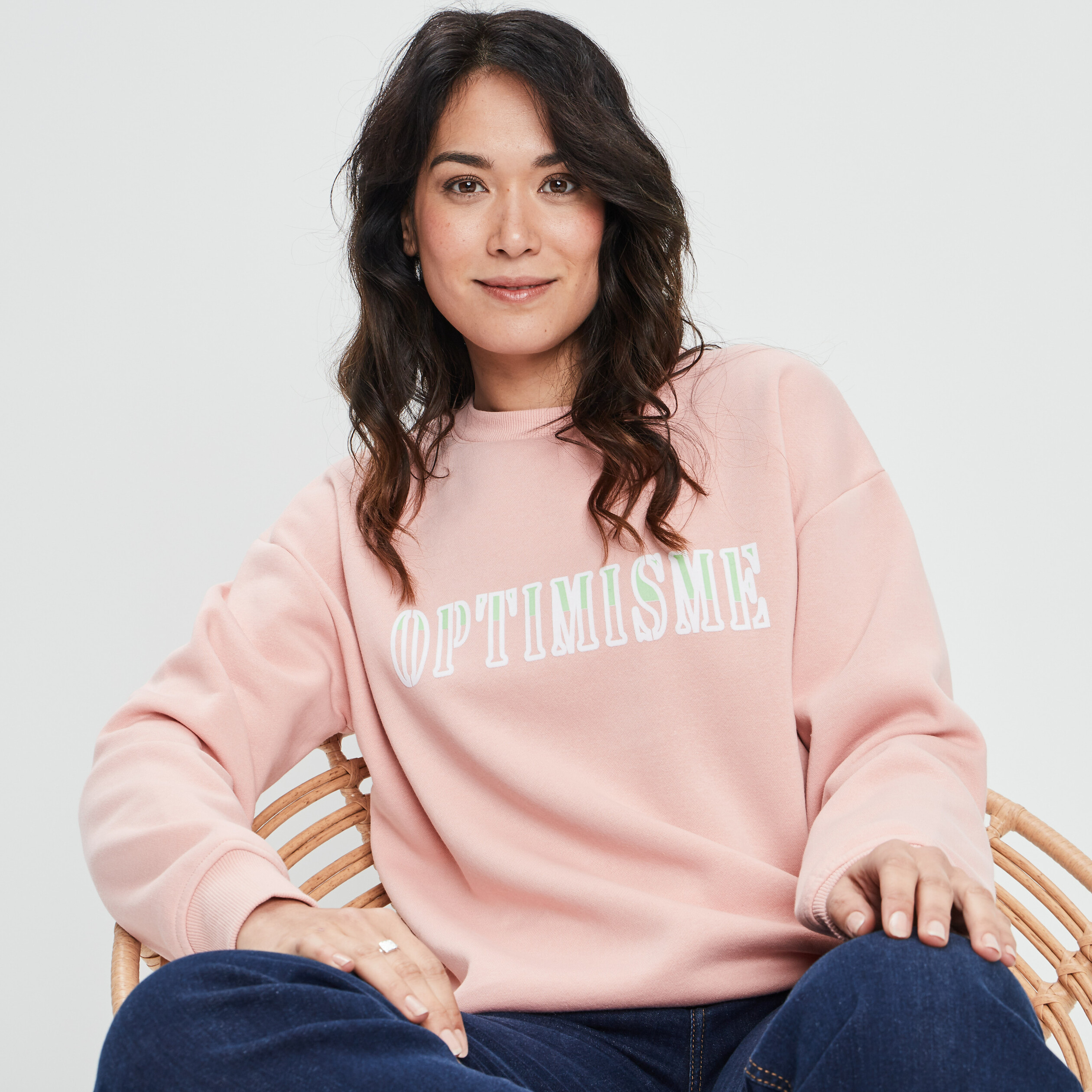 Sweat molleton avec col rond rose poudrée femme | La Halle