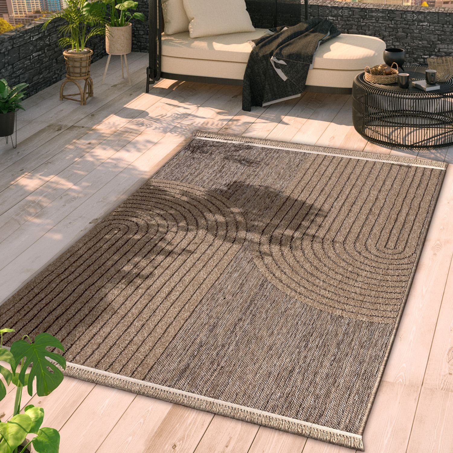 Outdoorteppich Balkon Terrasse Wetterfest Küche Boho Blattmotiv Mit Fransen Modern, TT Home, rechteckig, Höhe: 11 mm