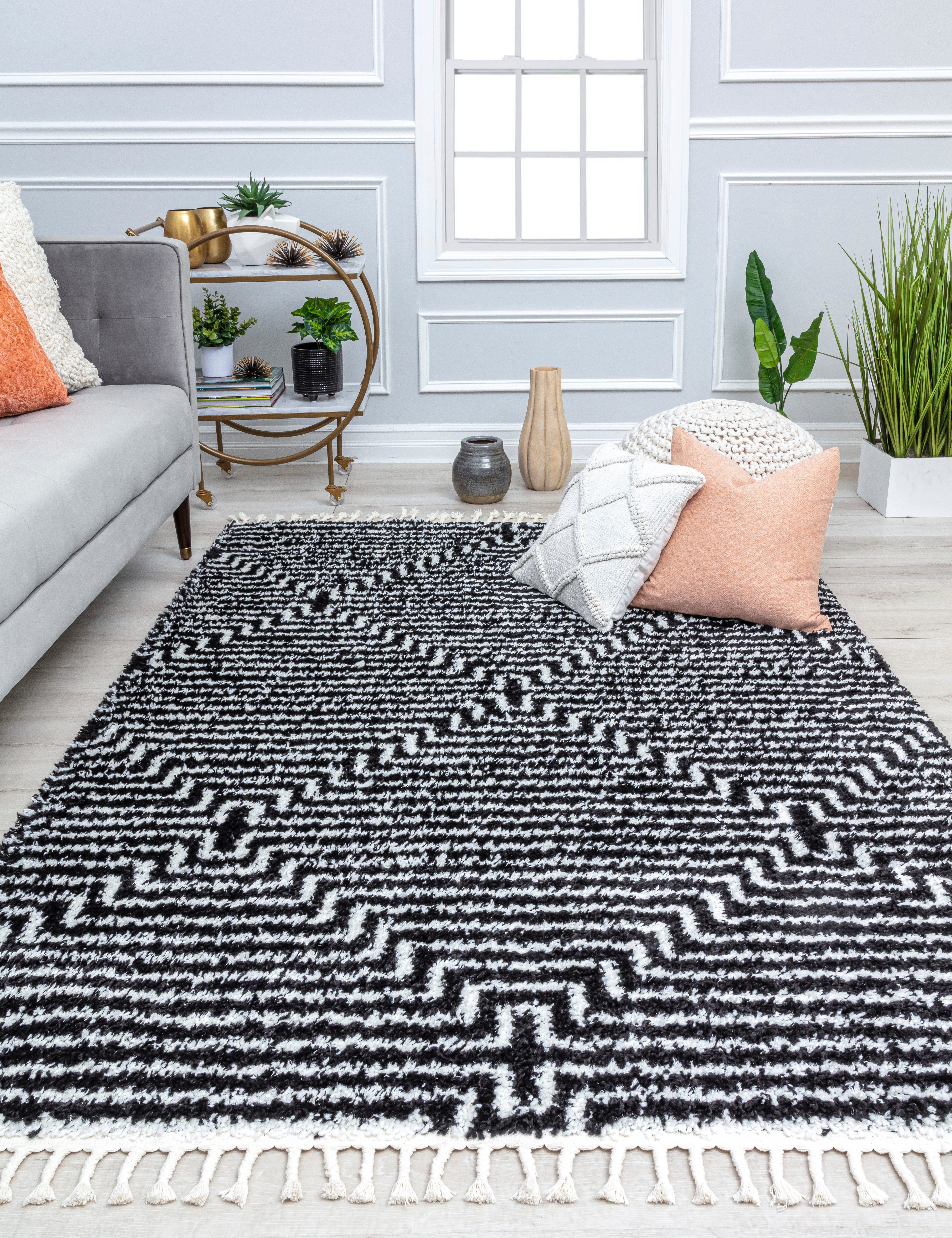 Hochflor-Teppich Bennett BT20, CosmoLiving by Cosmopolitan, rechteckig, Höhe: 32 mm, Boho-Look, Rauten-Design, Scandi-Look, modernder mit Fransen, weich