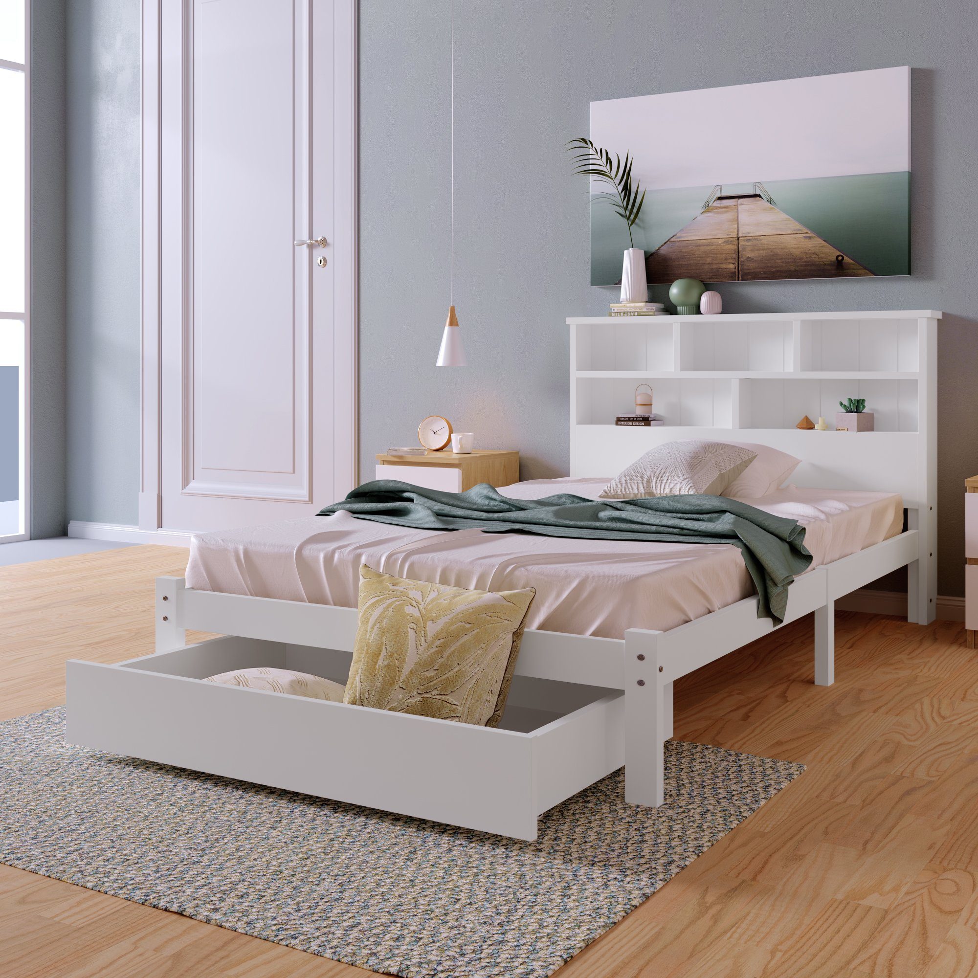 HAUSS SPLOE Holzbett Doppelbett Jugendliche und Erwachsene Kinderbett (Einzelbett oder Doppelbett, mit großer Schublade und Bücherregal Kopfteil), aus Massivholz Kiefer, Weiß, ohne Matratze, 90× 200 cm oder 140× 200 cm