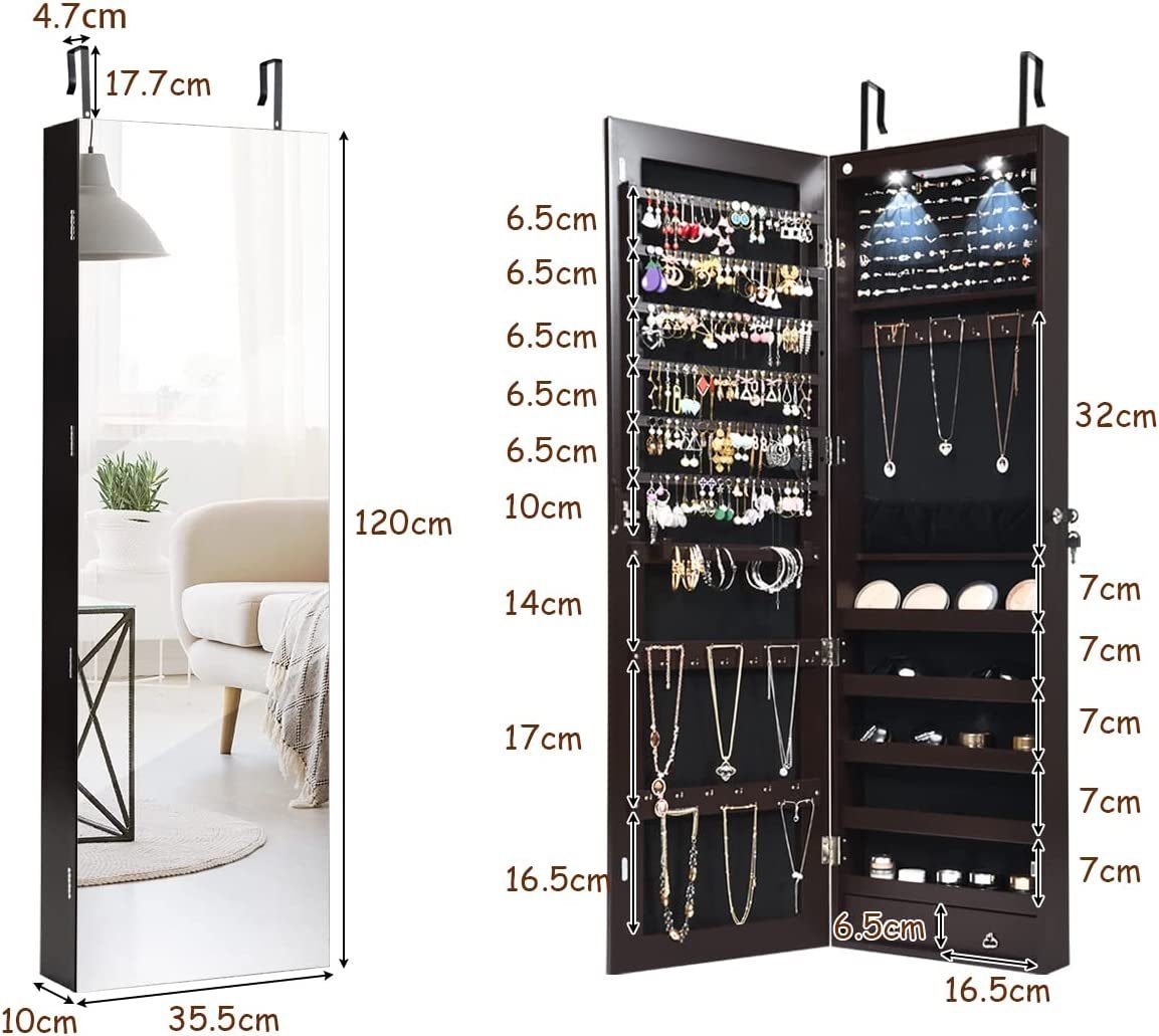 KOMFOTTEU Schmuckschrank Spiegelschrank 120 cm hoch, mit LED Beleuchtung