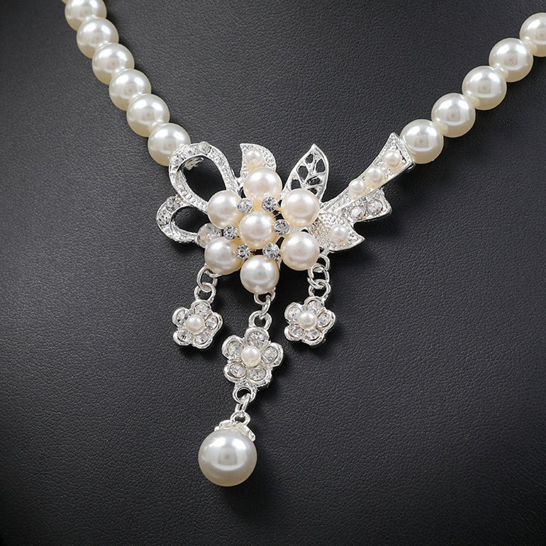 POCHUMIDUU Ohrring und Ketten Set Imitation Perle Blume Ohrringe Halskette Set (3-tlg), Künstliche Zuchtperlen