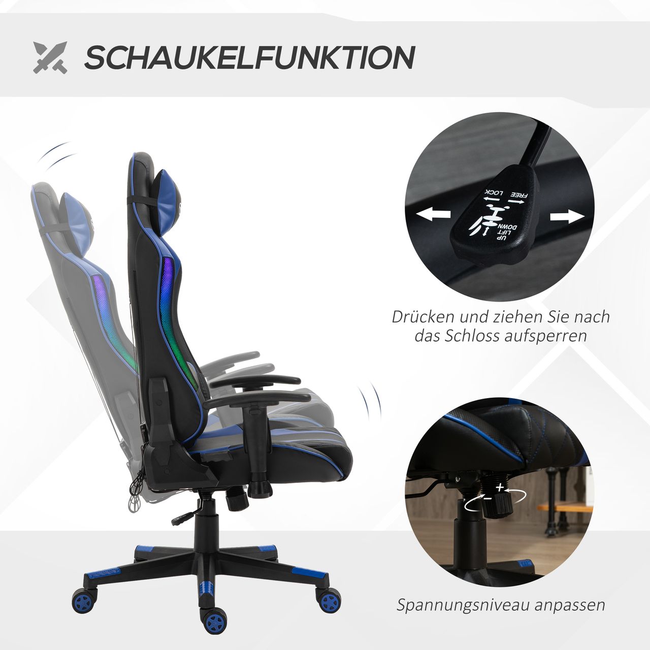 Vinsetto Bürostuhl LED Gaming Stuhl ergonomischer Drehstuhl mit Liegefunktion Handlauf anhebbar Schaumstoff Kunstleder Nylon Schwarz Blau 70 x 57,5 x 126-136 cm