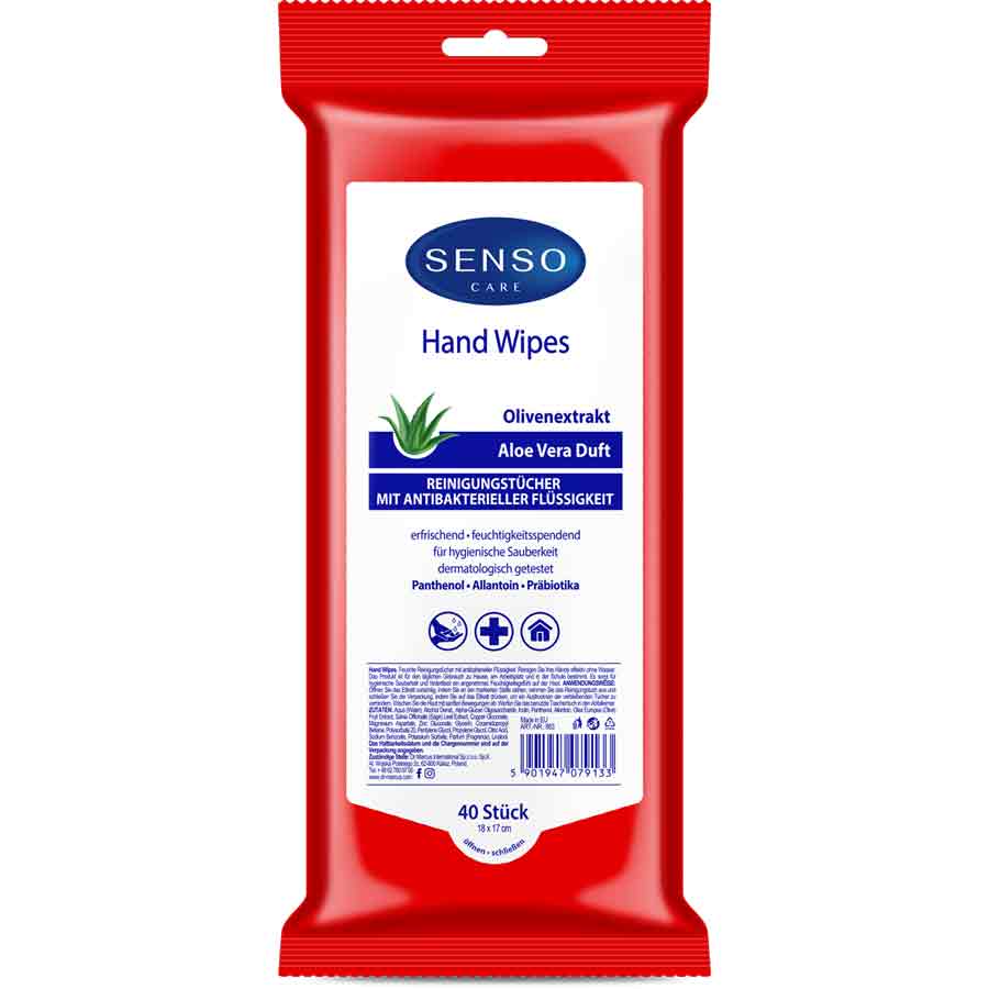 Hand Wipes Reinigungs-und Feuchttücher mit Olivenextrakt und Aloe Vera-Duft, von Senso Care, 40 Tücher - ATU