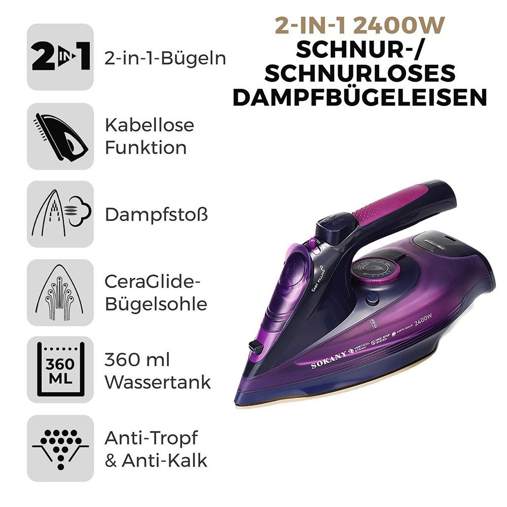 Dedom Reisebügeleisen Reise-Dampfbügeleisen, Dampfbügeleisen, Antihaft-Bügelsohle, 2400W, drahtlos, 360ML, Lila, Grün