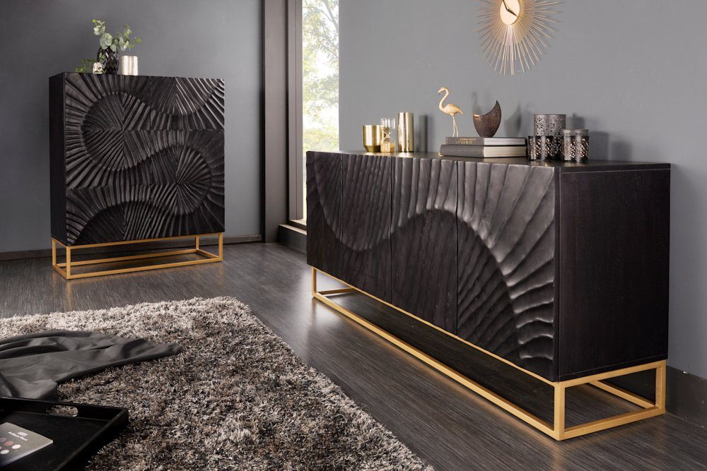 riess-ambiente Highboard SCORPION 120cm schwarz, Massivholz · Schrank · 3D Schnitzereien · Handarbeit · Wohnzimmer