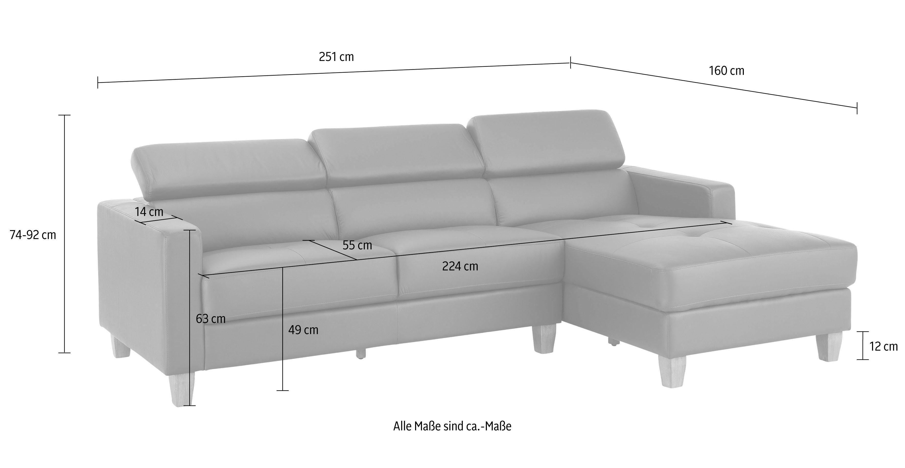 Home affaire Ecksofa Luzern, mit Recamiere mit verstellbarer Kopfstütze und Holzfüßen