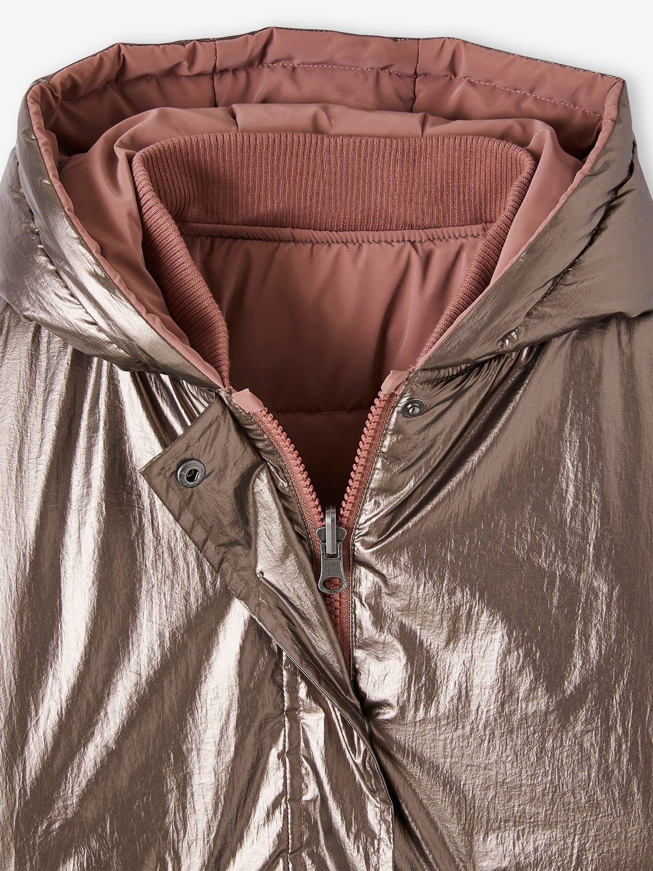 Parka à capuche réversible effet métallisé ou doudoune fille argent