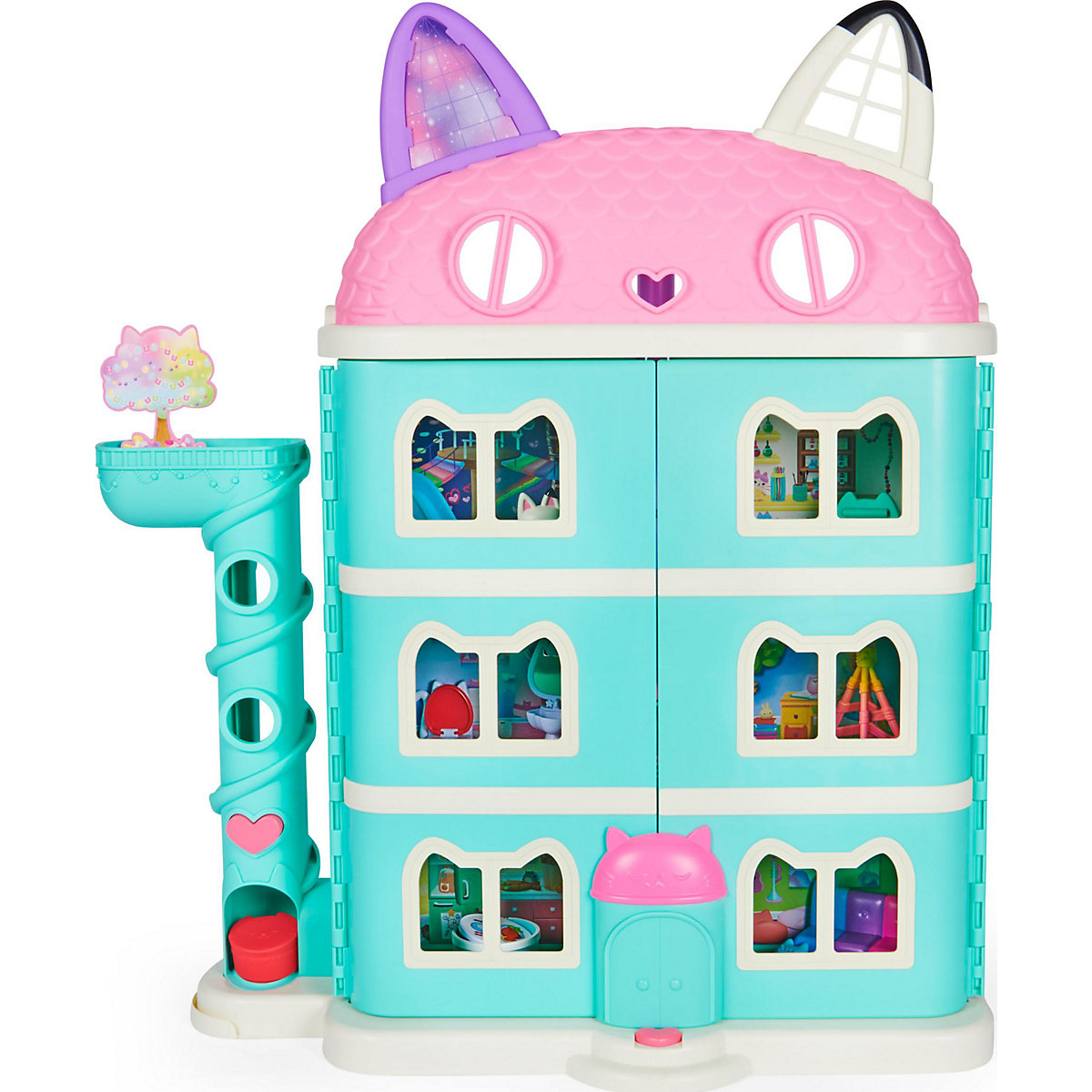 Gabby‘s Dollhouse, Puppenhaus mit 2 Spielzeugfiguren, 8 Möbelstücken, 3 Zubehörteilen, 2 Überraschungsboxen und Geräuschen, geeignet für Kinder ab 3 Jahren