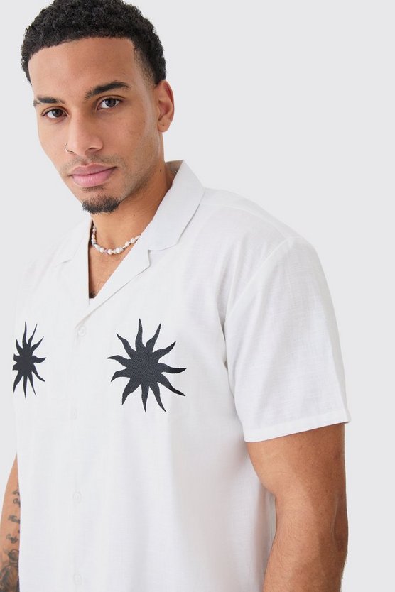 Oversize Hemd im Leinenlook mit Sonnen-Stickerei