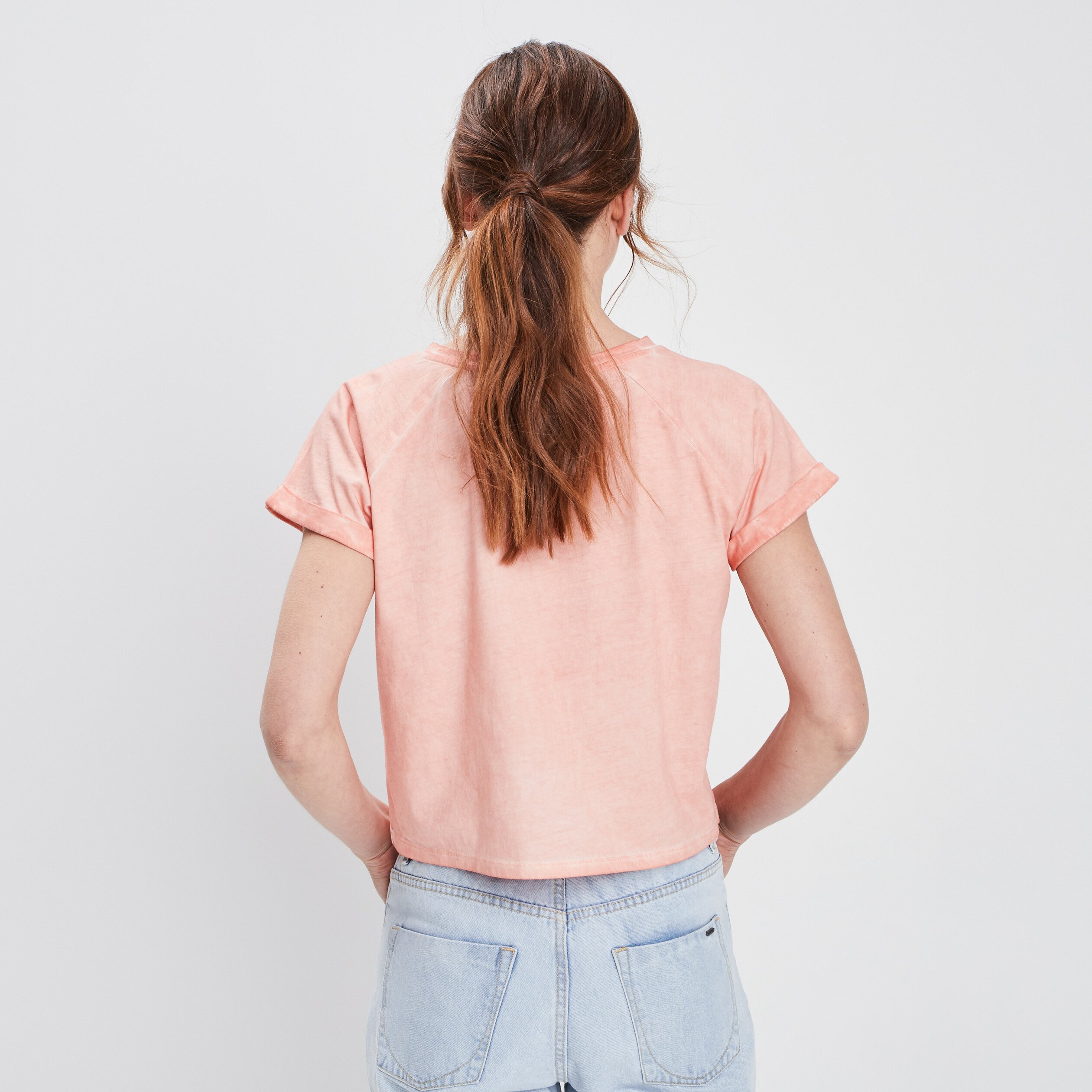T-shirt cropped à col rond rose femme | La Halle