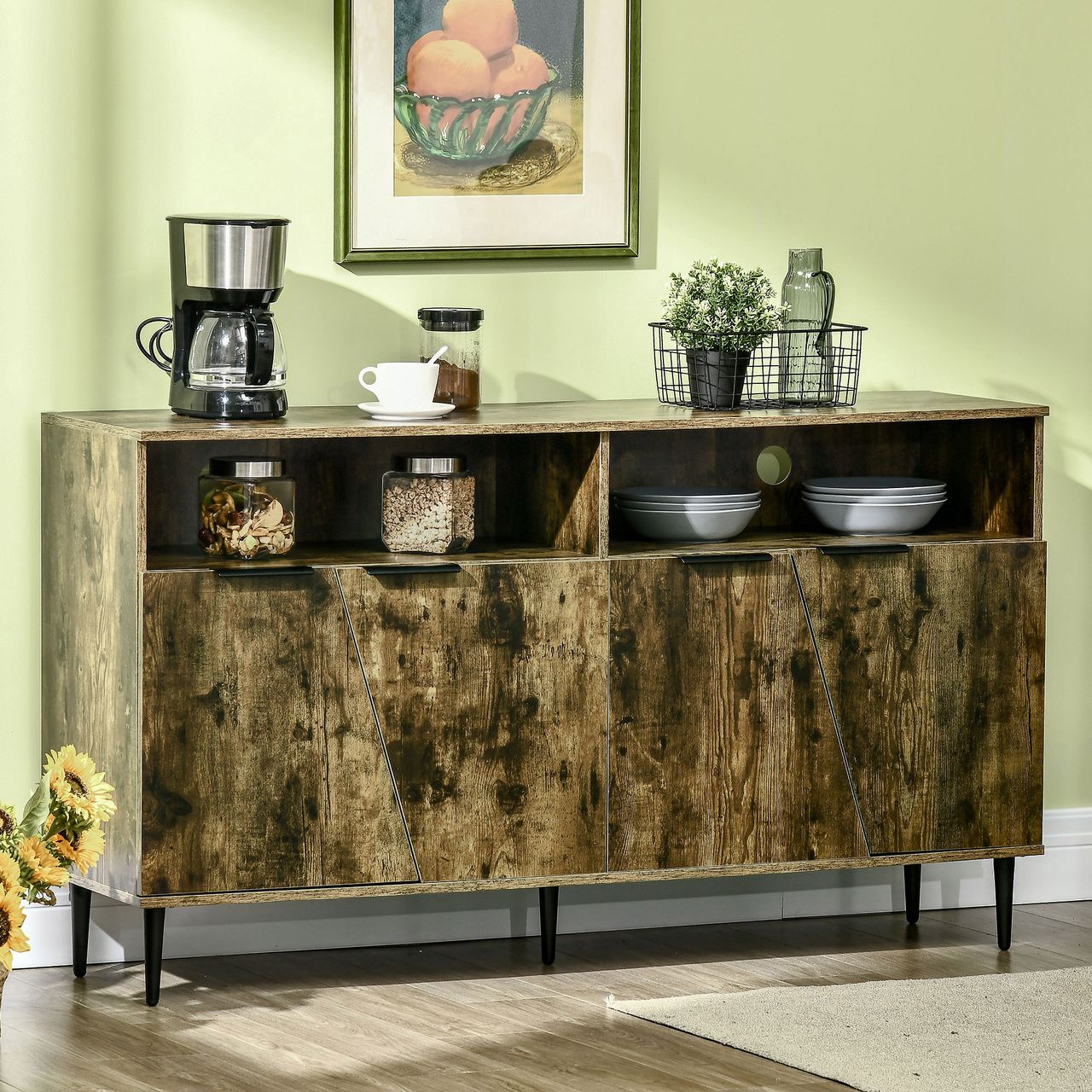 HOMCOM Küchenschrank Sideboard Aufbewahrungsschrank mit 2 Fächern und 2 Schränken Küchenmöbel Industrie-Design Spanplatte Rustikales Braun Schwarz 147 x 40 x 83 cm