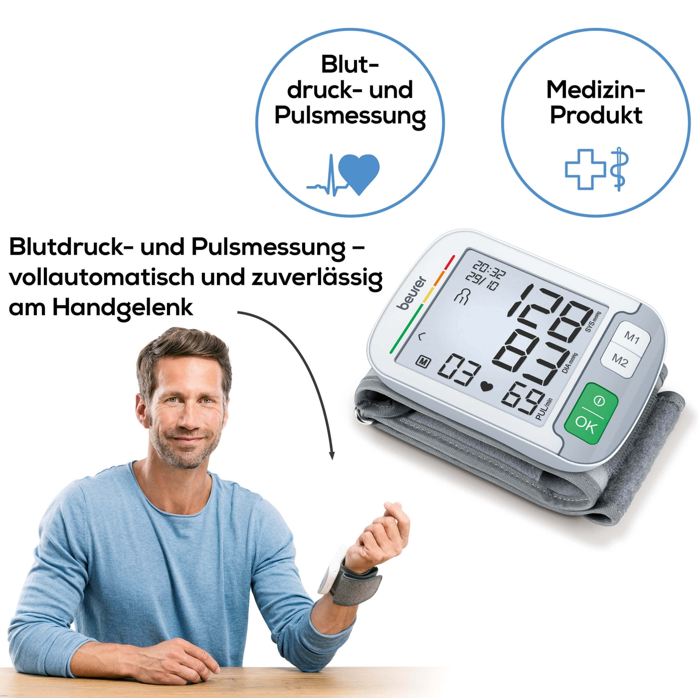 Beurer Handgelenk-Blutdruckmessgerät BC 51-Handgelenk-Blutdruckmessgerät mit Positionierungsanzeige & flachem XL-Display
