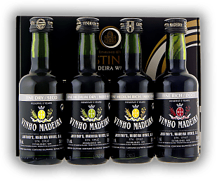 Justino's Mini-Set 4x0,05 Liter Madeira  5 Years silber (Fine Dry, Fine Medium Dry, Fine Medium Rich, Fine Rich) Justino's Mini-Set 4x0,05 Liter Madeira  5 Years silber (Fine Dry, Fine Medium Dry, Fine Medium Rich, Fine Rich)  Alter 5 J. - 0,2	 Liter