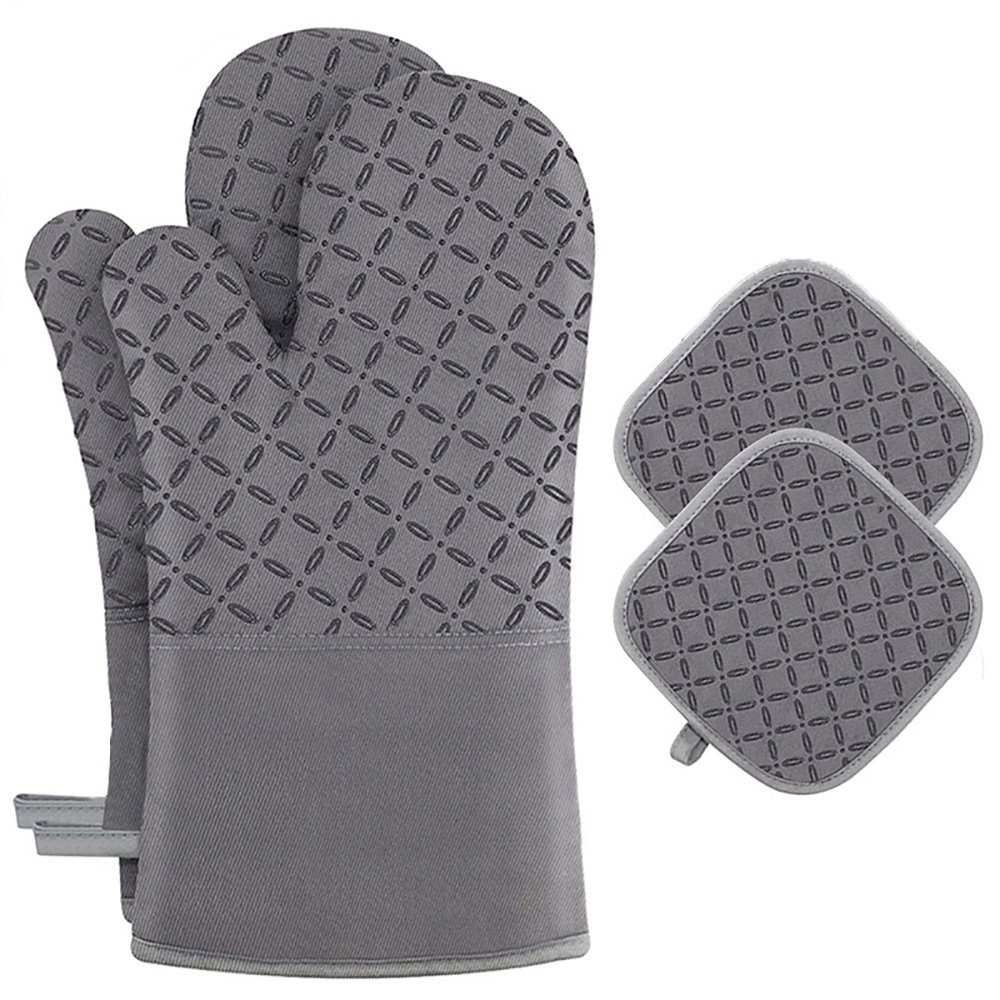 SCOKIT Topfhandschuhe 4er Set Hitzebeständig Topfhandschuhe, (Lange Backofen Handschuhe, Grau Baumwolle Backhandschuhe mit Rutschfestem Silikon Eingriff), Kochhandschuhe für Frauen Männer