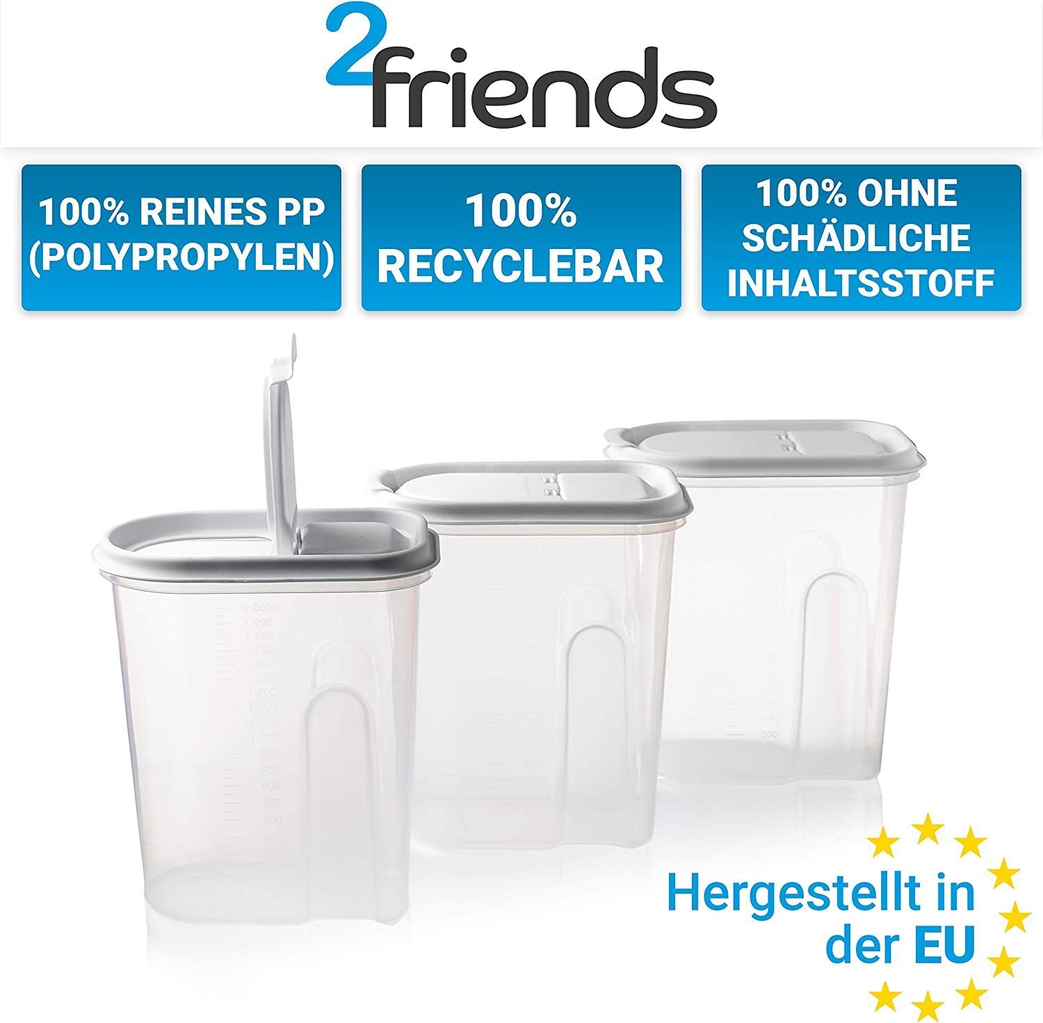 Centi Vorratsdose Vorratsbehälter Set mit Klappdeckeln, Schüttdosen, Müsli Aufbewahrung, Kunststoff, (Set, 3-tlg., 2 Liter), 100% recyclebar, ideale Größe z.B. für Cornflakes, Weiße Deckel