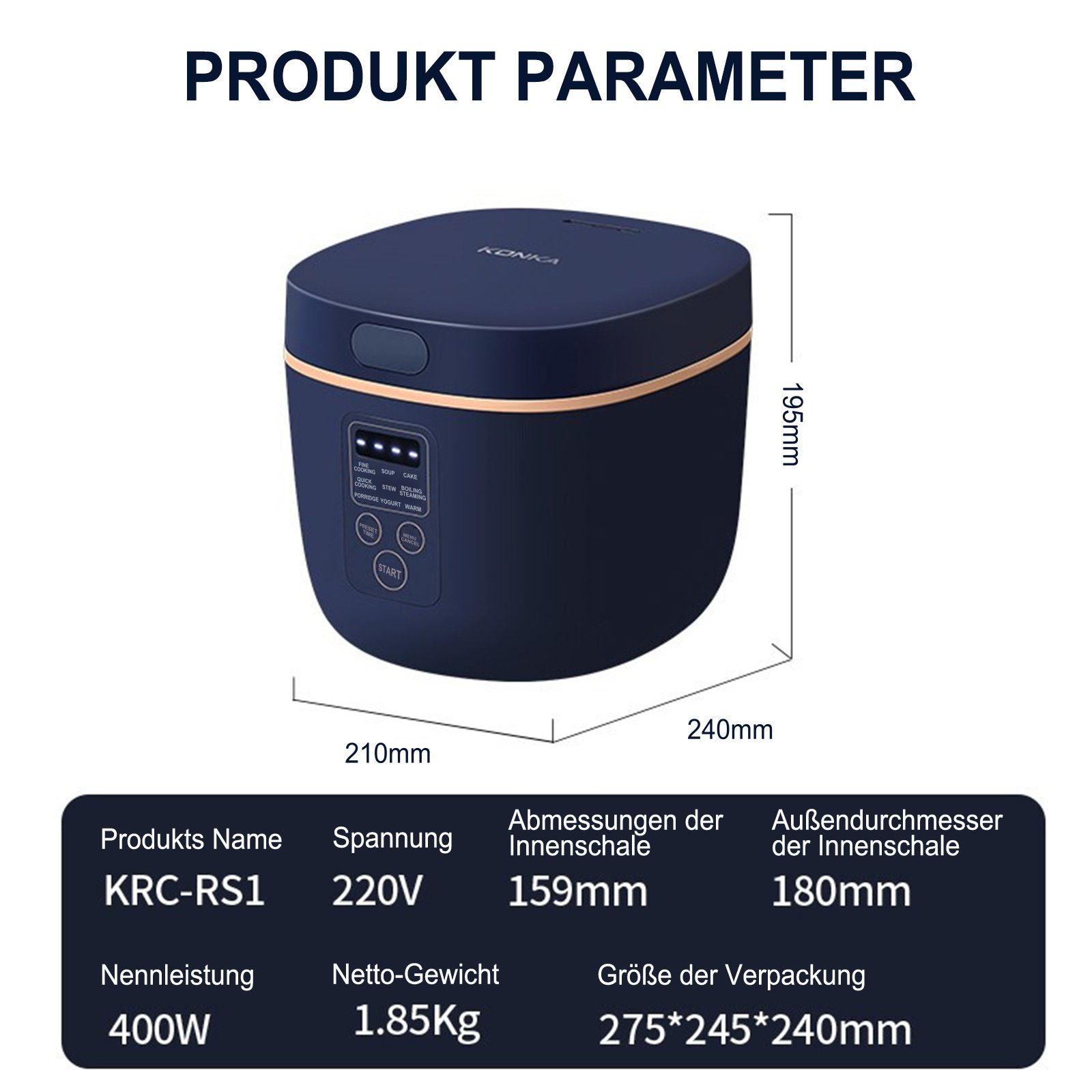 KONKA Reiskocher, Digitaler Reiskocher Klein 2L Timer- und Warmhaltefunktion 9 Programme