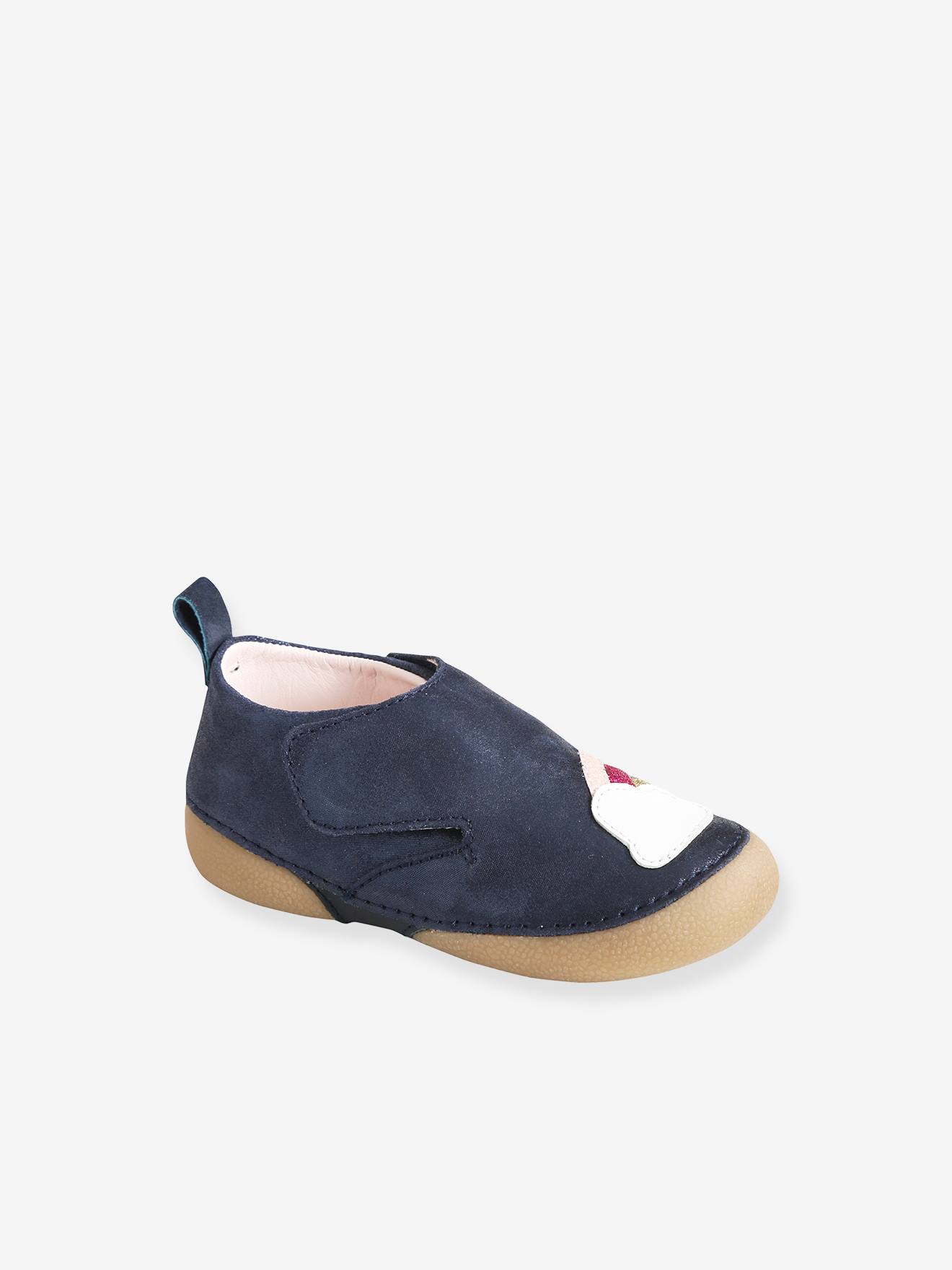 Chaussons bébé fille en cuir souple bleu marine