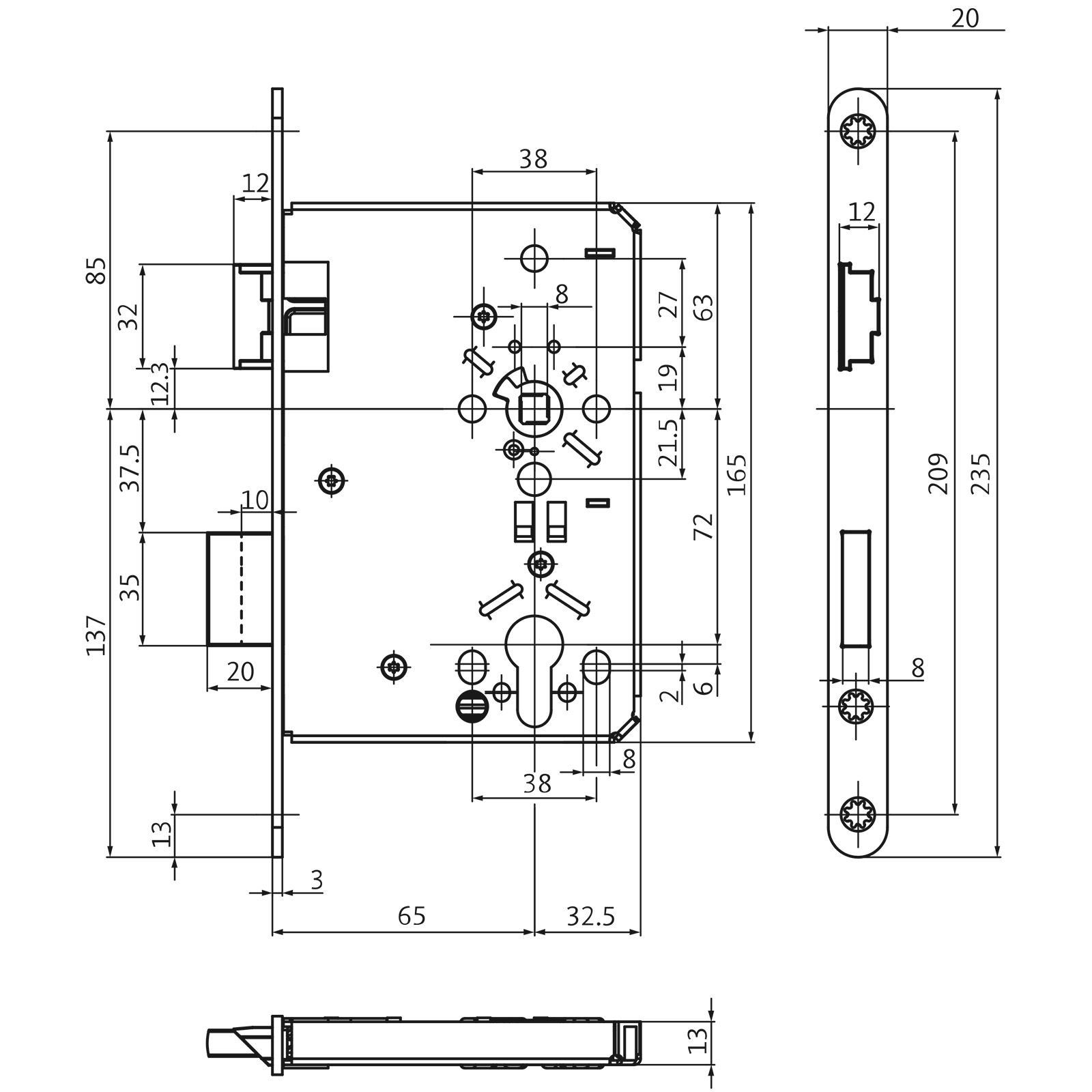 SO-TECH® Einsteckschloss Türschloss Profilzylinder Dornmaß 65 mm Zimmertürschloss, Klasse 3, Stulp 20 mm von BKS