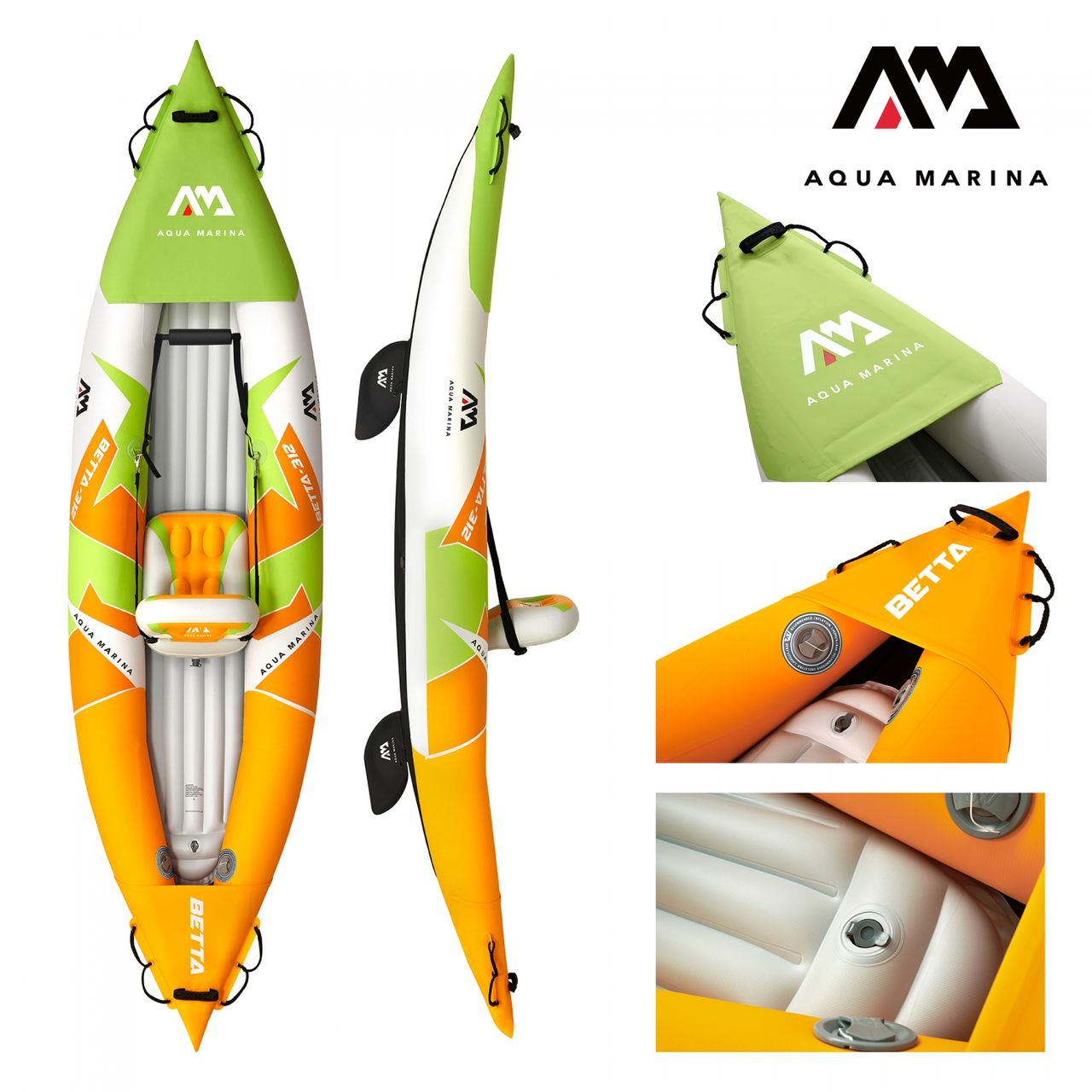 PureHaven Aqua Marina Kajak 312x83 cm für 1 Person mit Luftsitz verstellbarer Lehne Transporttasche Reparaturset und Handpumpe strapazierfähig Grün-Weiß-Orange
