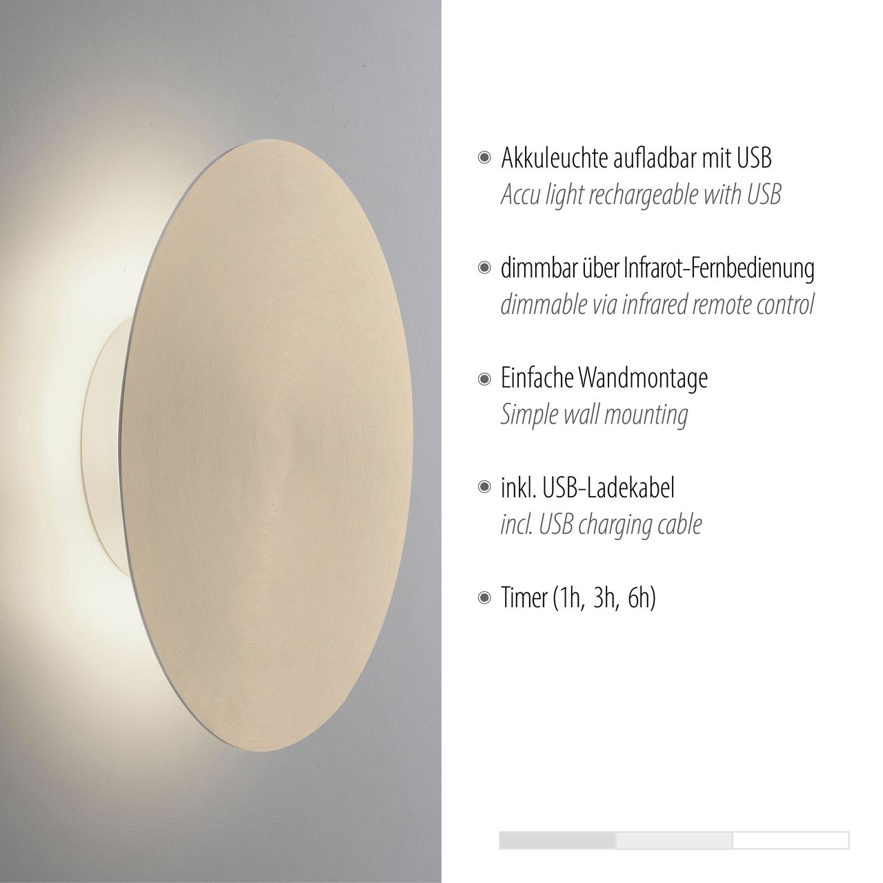 Paul Neuhaus LED Wandleuchte AKKU PUNTUA, Akkubetrieb, Klettverschluss, messing matt