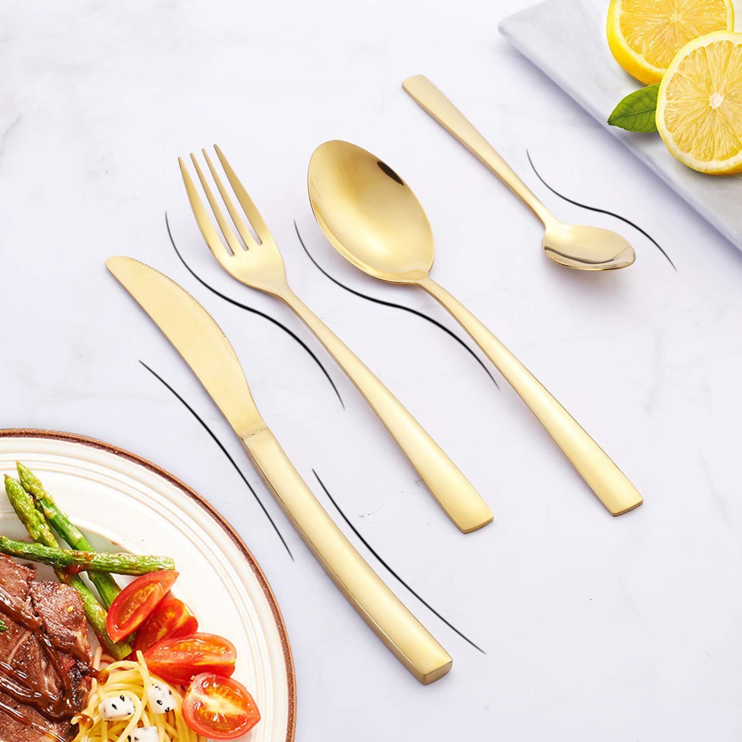 AKKEE Besteck-Set Cutlery Set 24-teiliges Besteckset Set Golden Besteckset, für 6 Personen, Messer und Gabel Set, Tafelbesteck