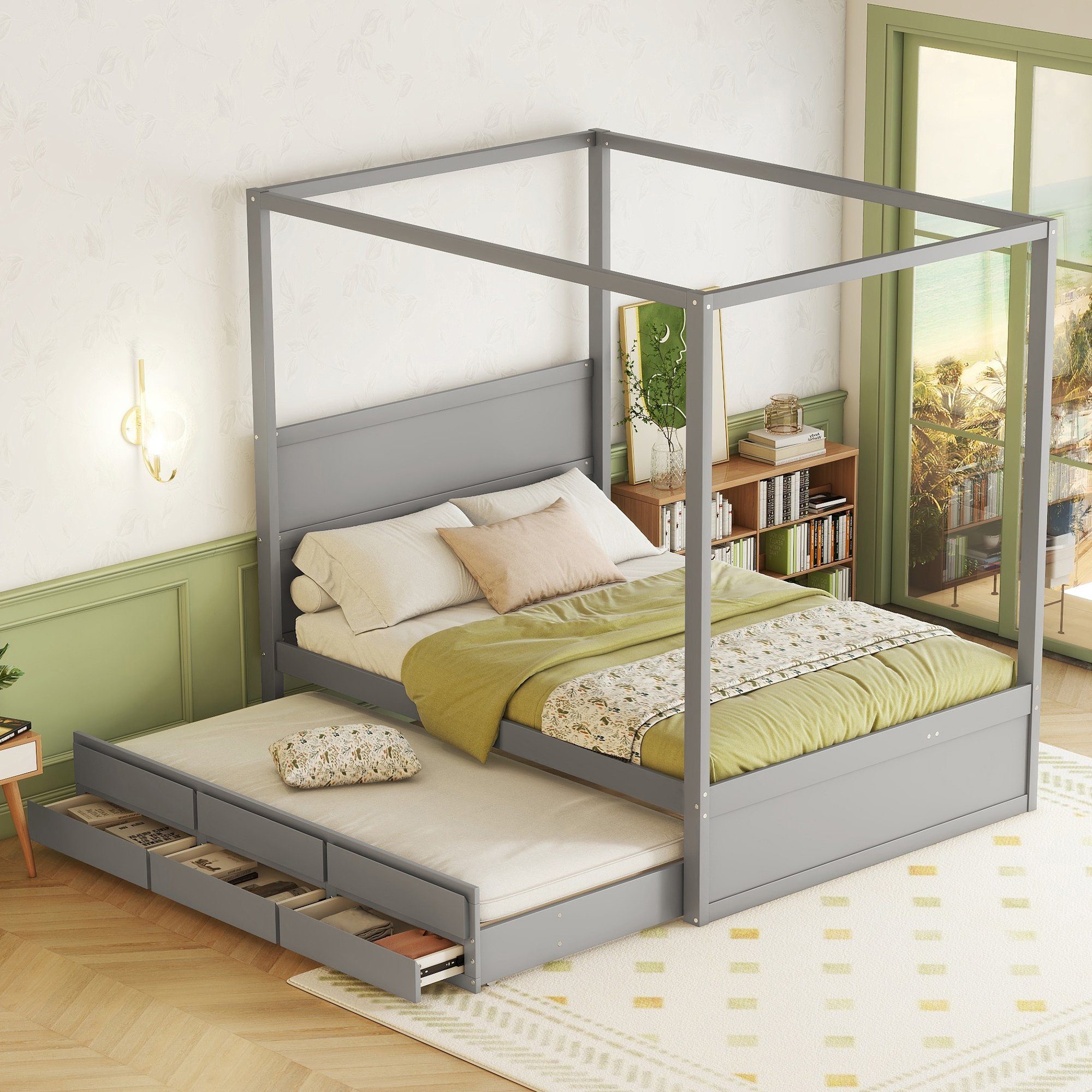 Ulife Himmelbett Funktionsbett,Massivholzbett,Ausziehhare Liegeffäche,Stauraumbett, zwei Schubladen, 140 x 200cm