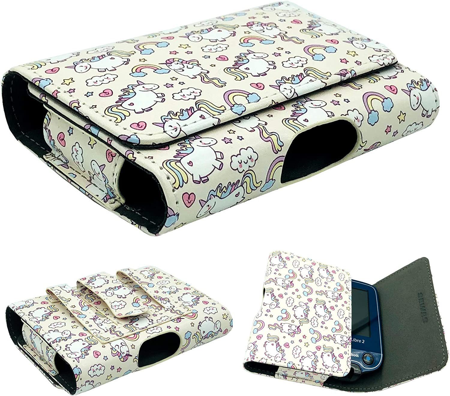 SEWAS Diabetic Care Aufbewahrungstasche Tasche Gürteltasche Einhorn Motive für Freestyle Libre Messgerät 3, Gürtelschlaufe, Gürtelclip, schönes Einhorn Design, Magnetverschluss
