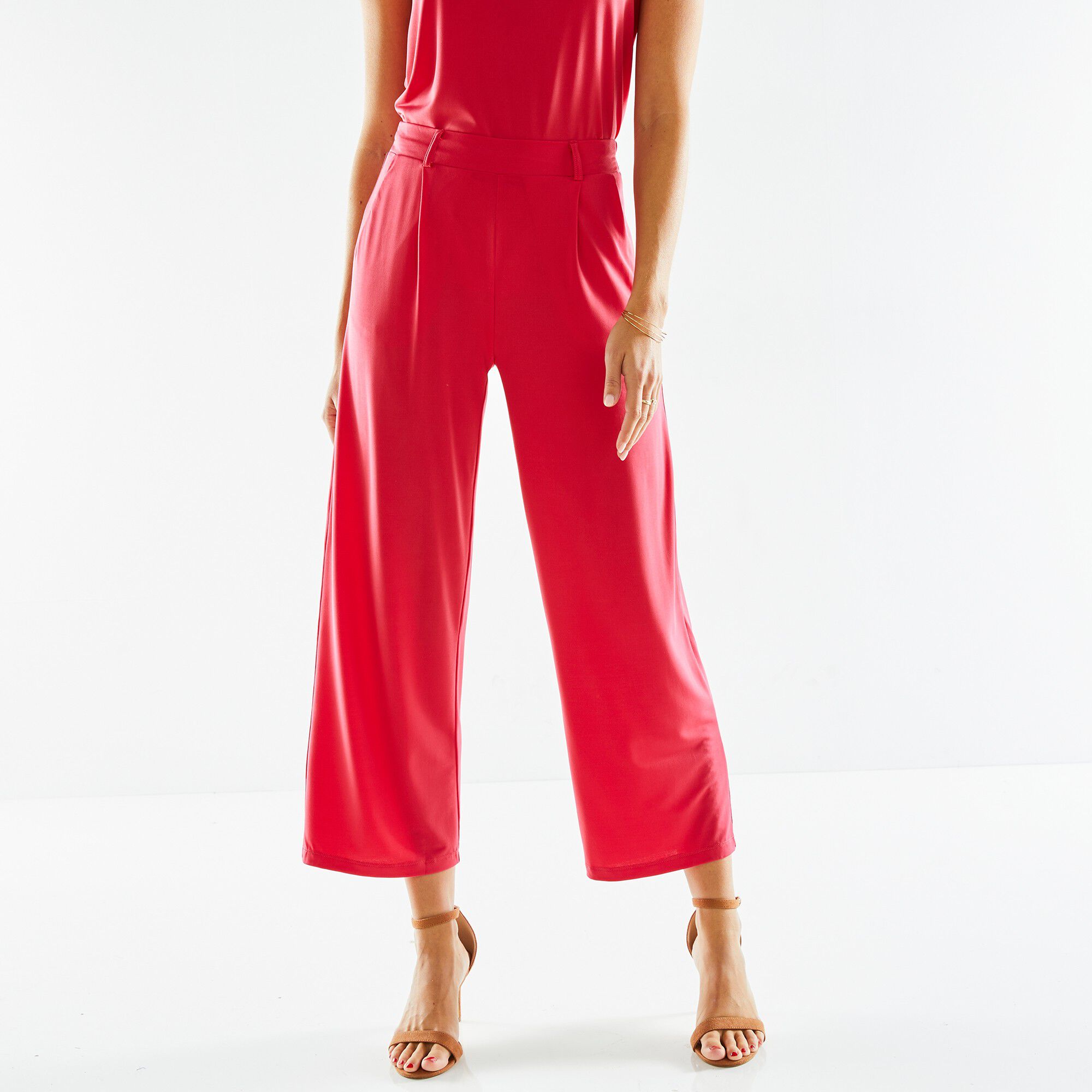 Pantalon large raccourci, maille fluide stretch