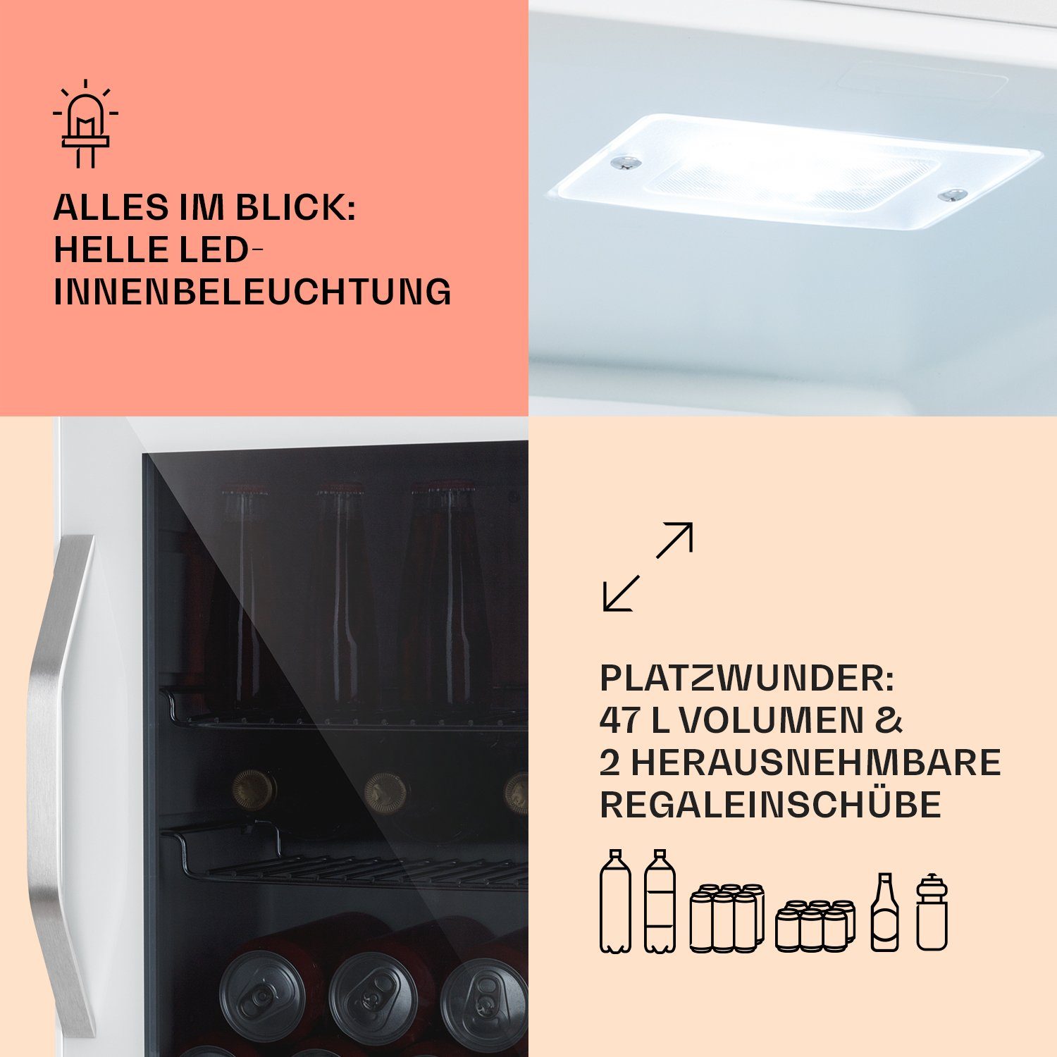 Klarstein Getränkekühlschrank HEA-BeersafeL-quartz 10039426, 50 cm hoch, 47.5 cm breit, Bierkühlschrank Getränkekühlschrank Flaschenkühlschrank mit Glastür