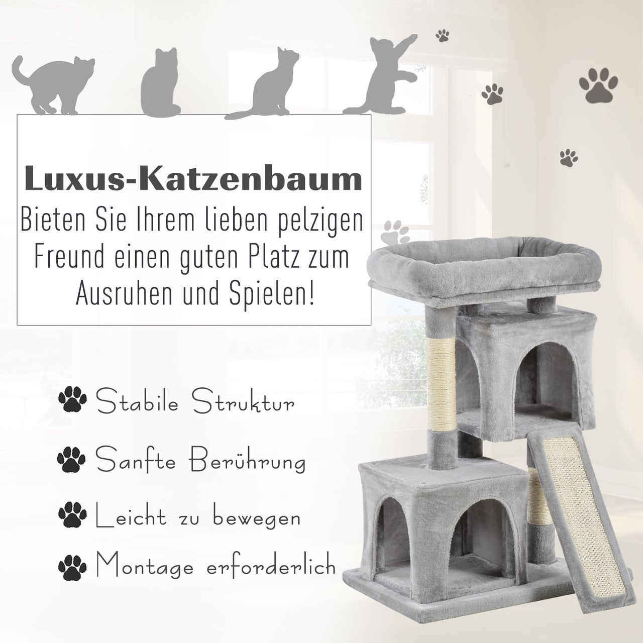 PawHut Katzenbaum mit Sisalsäulen, Katzenkratzbaum, Katzen Kletterbaum, Katzenbaum, Hellgrau, 59 x 39 x 83 cm