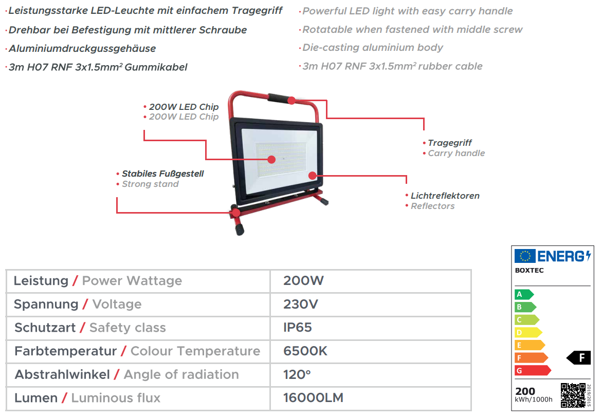 BOXTEC LED Arbeitsleuchte, Baustrahler, PRO-LINE FIXSTAND 200W, 16000lm, 6500K, IP65, 3m Gummikabel