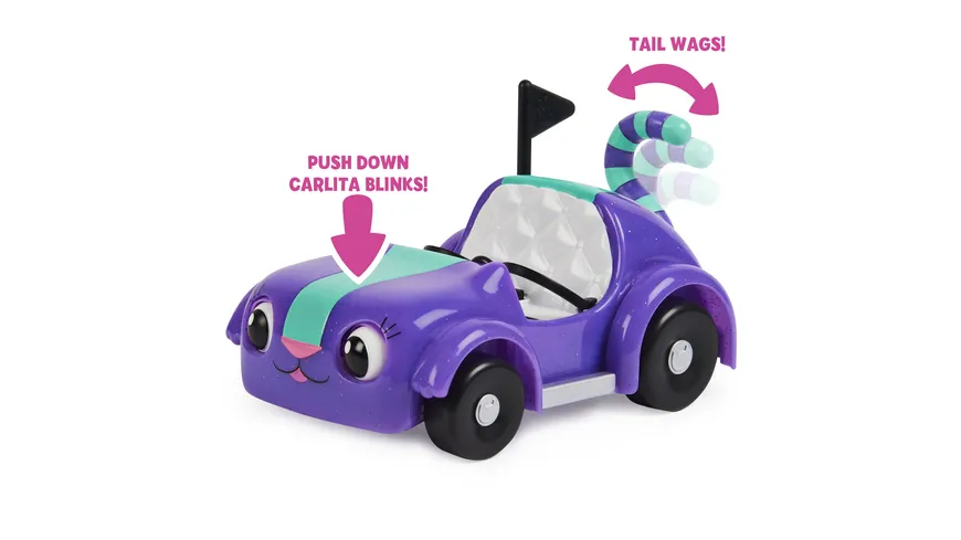 Gabby’s Dollhouse, Carlita-Spielzeugauto mit Pandy Paws-Sammelfigur, 2 Zubehörteilen und 1 Überraschungsbox