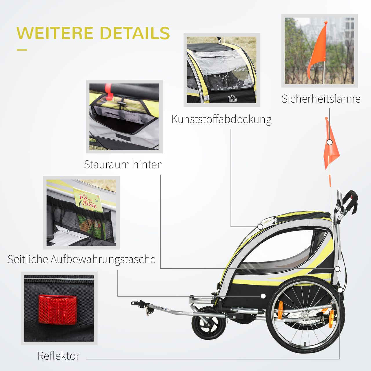 HOMCOM 2 in 1 Kinderanhänger, Fahrradanhänger mit 5-Punkt Sicherheitsgurt, Gelb