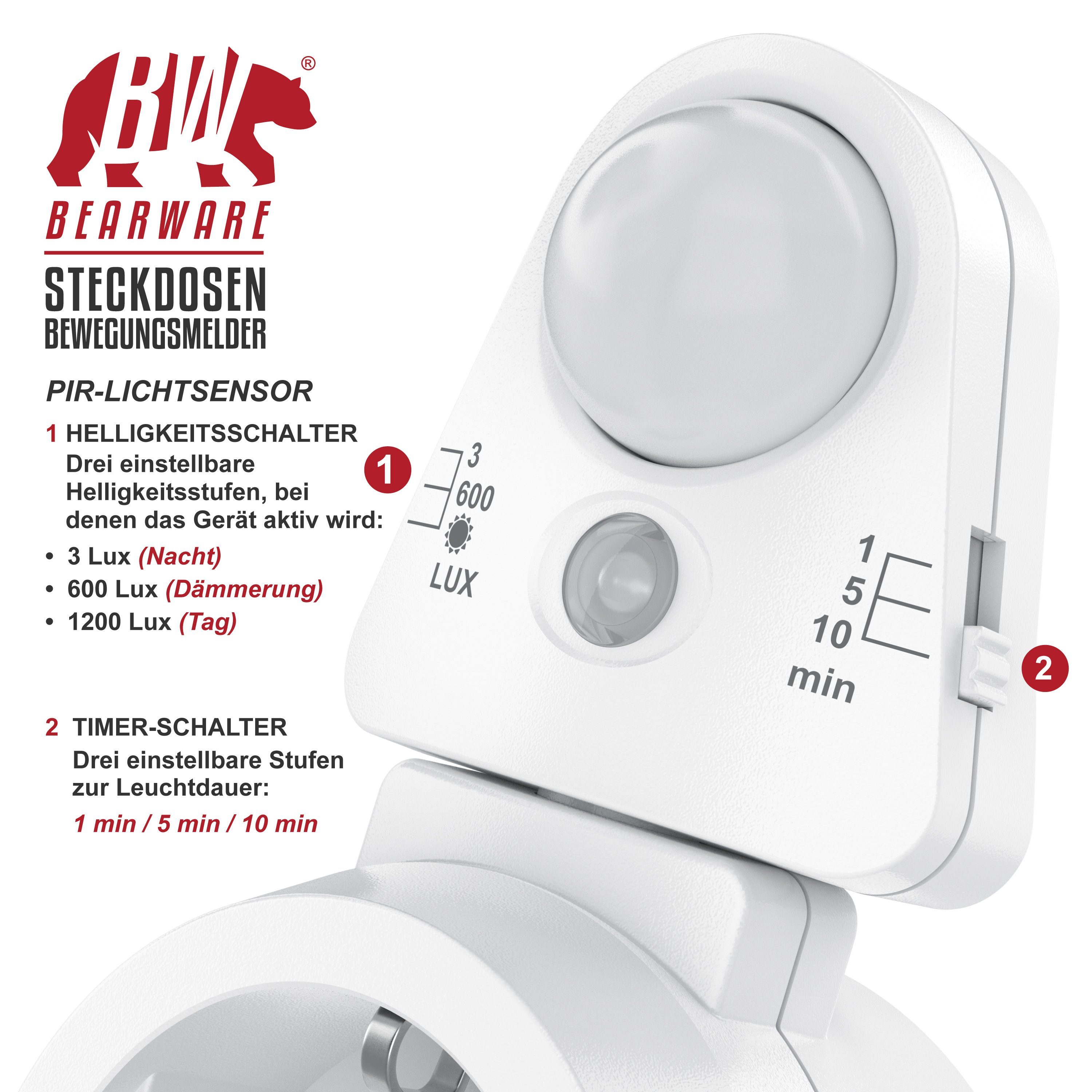BEARWARE Steckdose, Bewegungsmelder mit Timer, Lichtsensor, Infrarotsensor, 2300 W