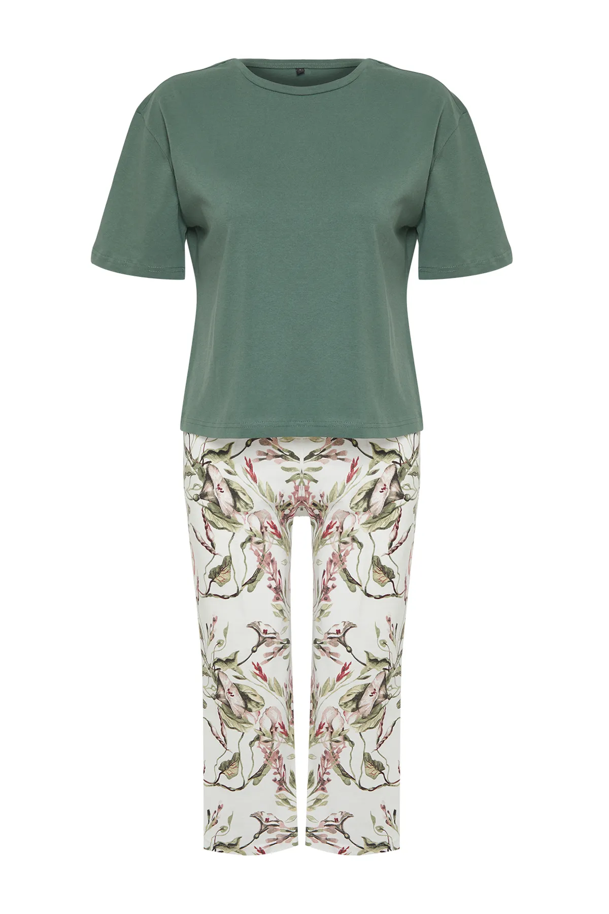 Trendyol Collection  Grünes Capri-Strick-Pyjama-Set aus 100 % Baumwolle mit Blumenmuster THMSS24PT00216