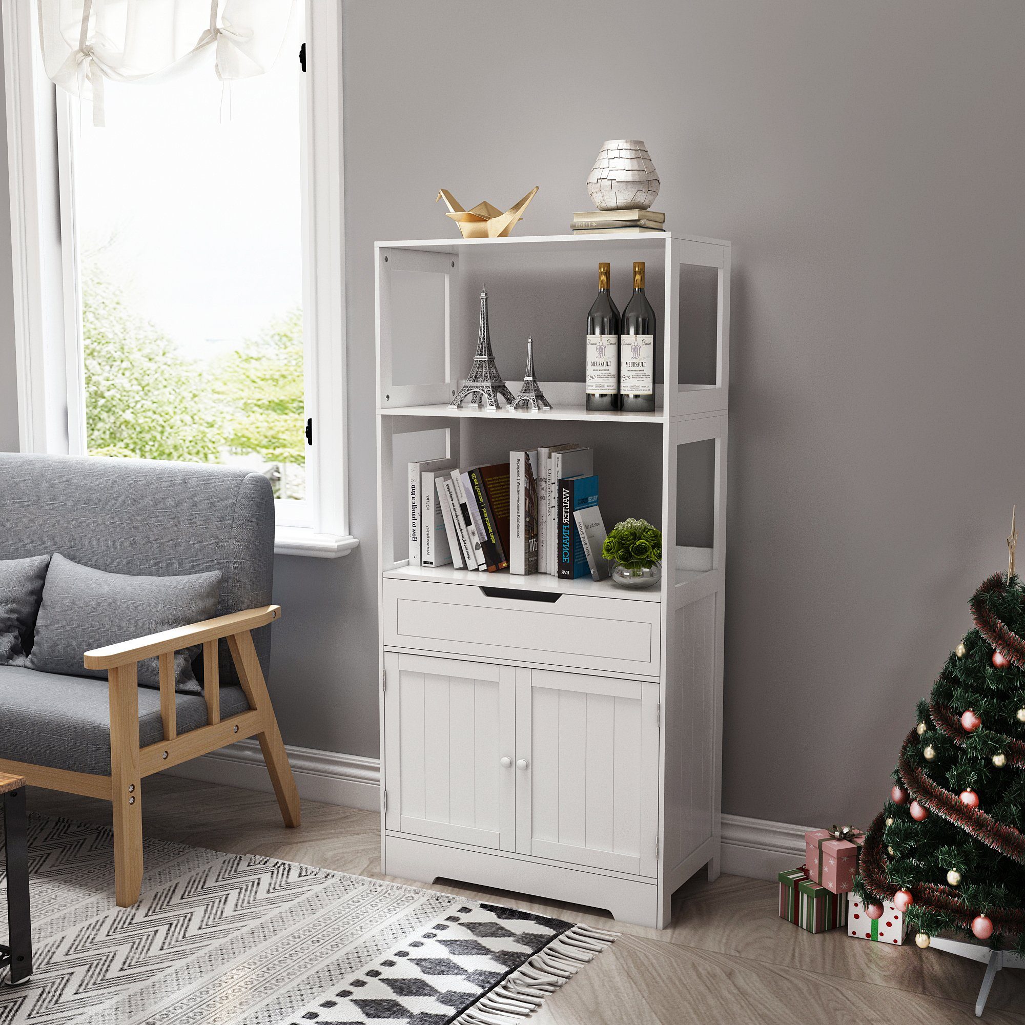 Mondeer Badkommode Badezimmerschrank, Badschrank, Aufbewahrungsschrank, 60 x 30 x 121cm, weiß