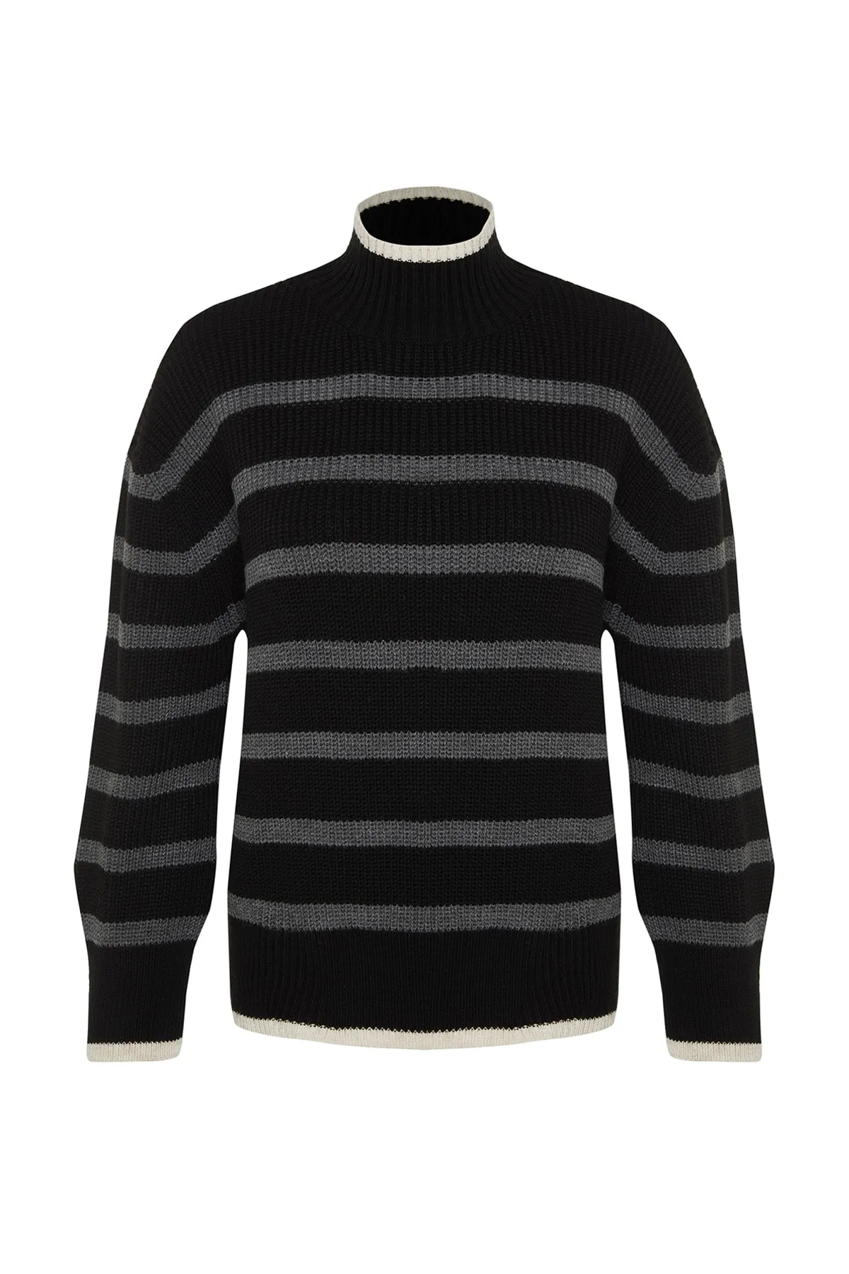 Trendyol Collection  Schwarzer, gestreifter Strickpullover mit weiter Passform TWOAW23KZ01446