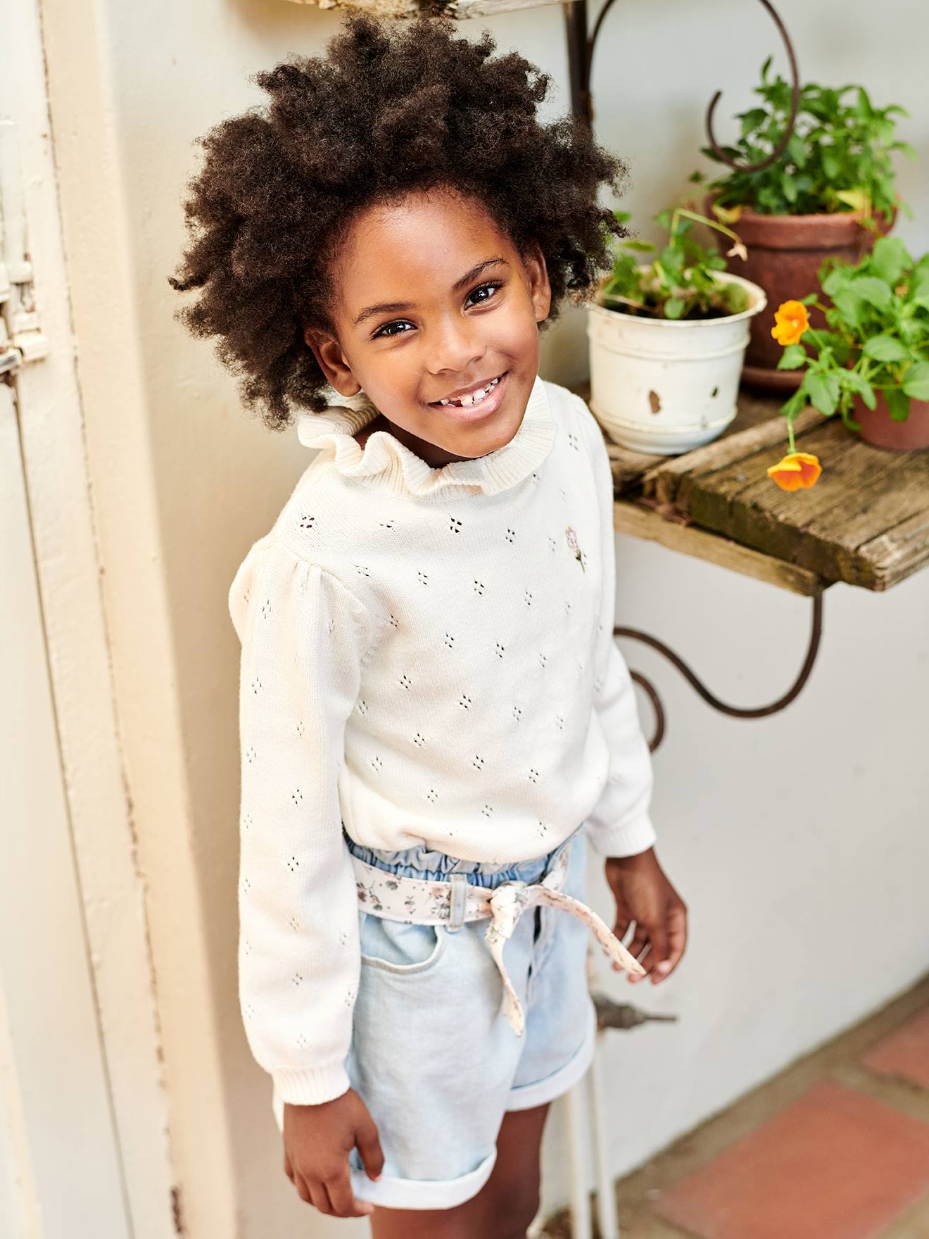 Pull fantaisie maille pointelle fille écru