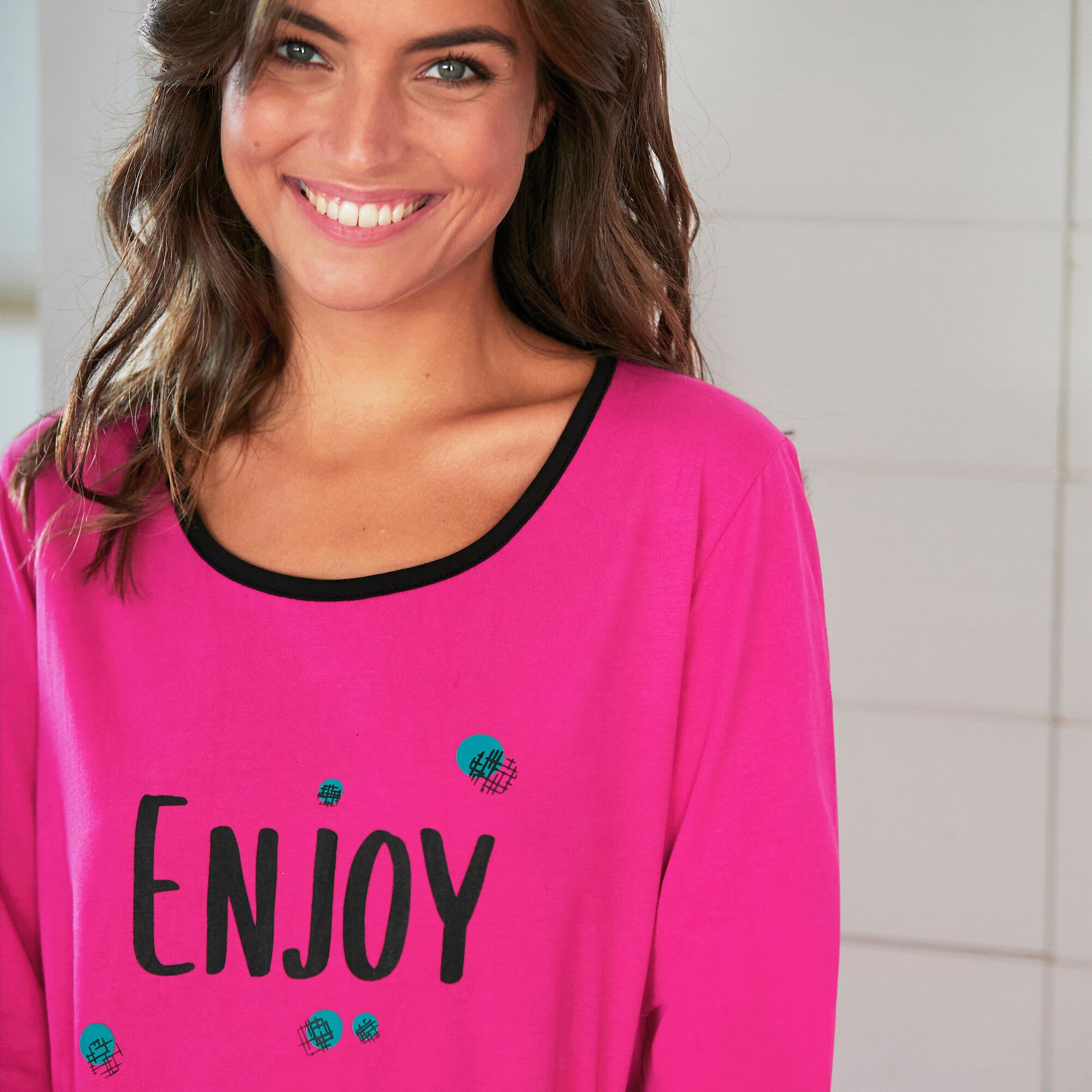 Tee-shirt manches longues coton uni imprimé placé 