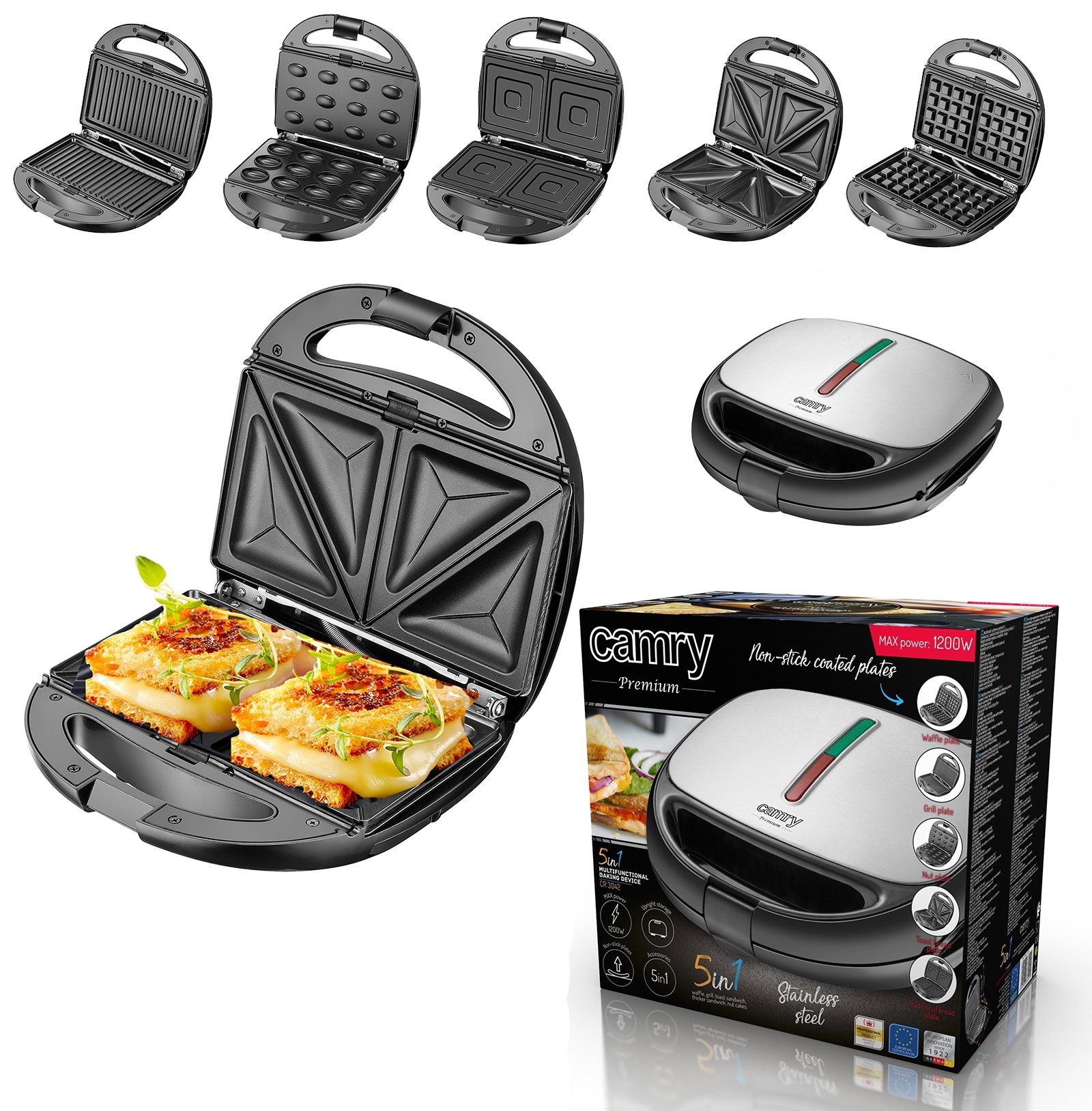 JUNG Sandwichmaker ADLER A3040 Sandwichmaker 5in1 Sandwich Maker Waffeleisen Kontaktgrill, 1200 W, Toaster Antihaftbeschichtet leichte Reinigung Sandwichtoaster BPA frei