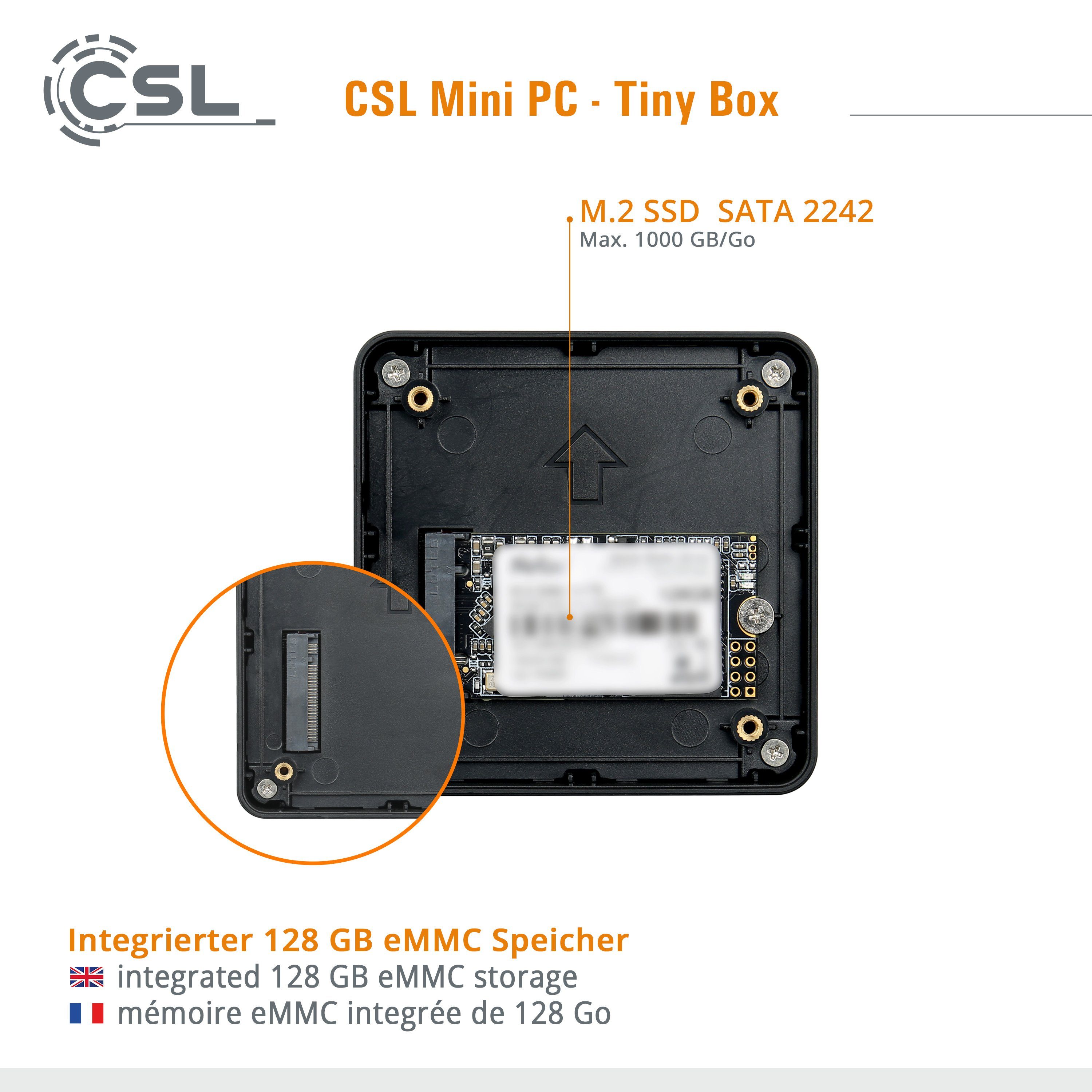 CSL Tiny Box PC (Intel® Celeron N4120, Intel® HD Graphics 600, 4 GB RAM, 128 GB SSD, passiver CPU-Kühler, 2m HDMI Kabel)