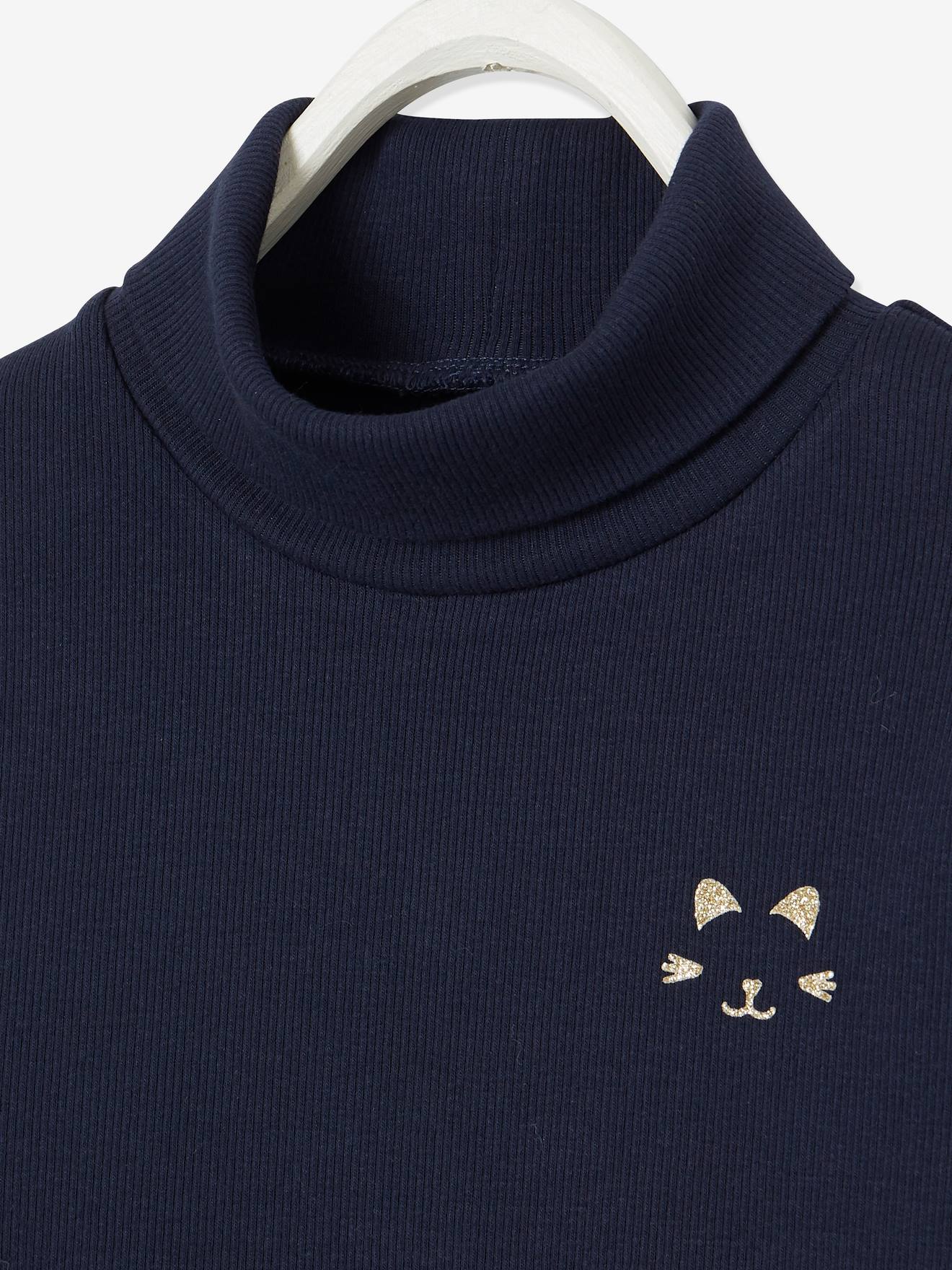 T-shirt col roulé Basics fille motif chat irisé poitrine gris chiné