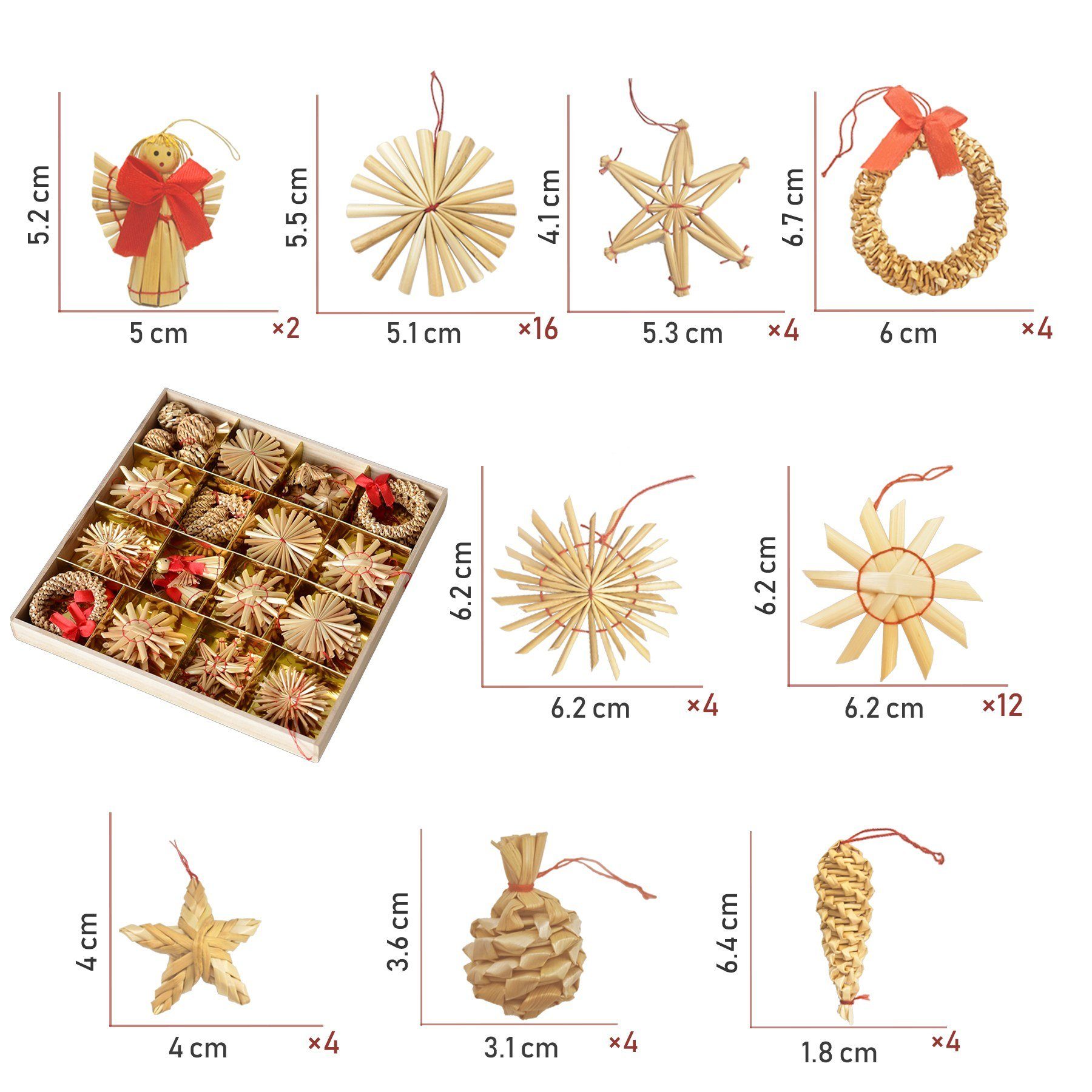 TAN.TOMI Christbaumschmuck Christbaumanhänger Strohsterne Bastel-Set Natur Weizenstroh Christbaumschmuck Geschenk Fenster Deko handgefertigte Strohschmuck 54-tlg, Natürlicher Umweltschutz,handgefertigt
