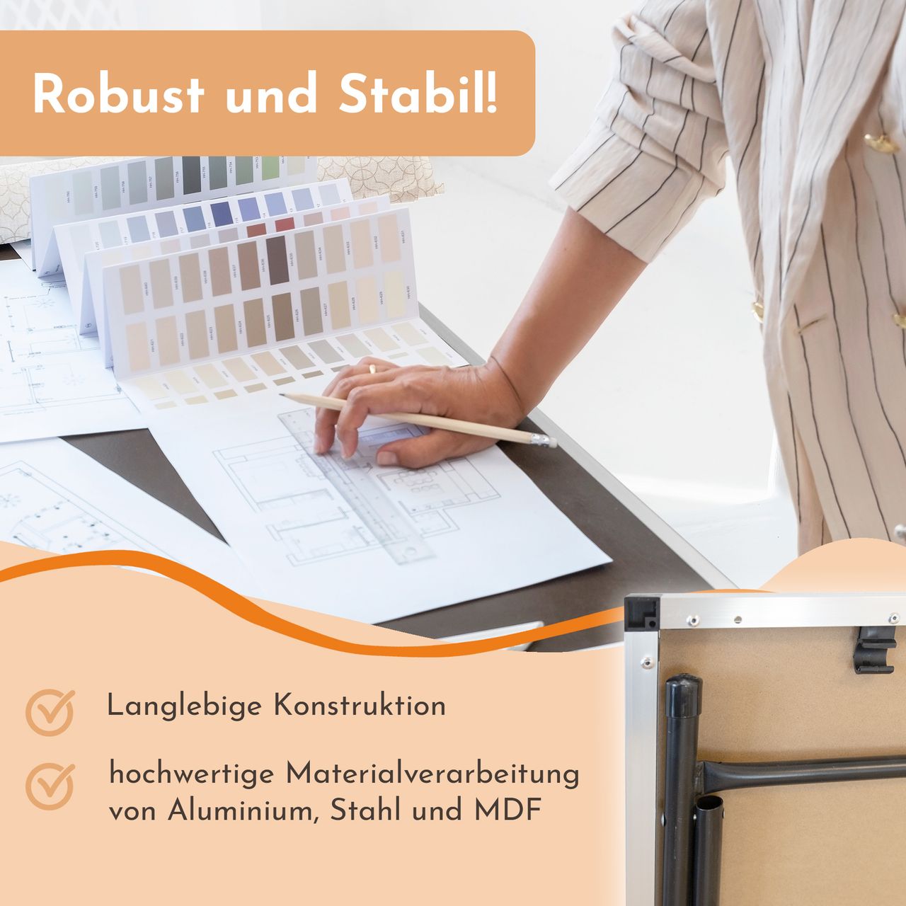 Lemodo Tapeziertisch klappbar, Arbeitstisch mit Messskala, Mehrzwecktisch, Flohmarkttisch