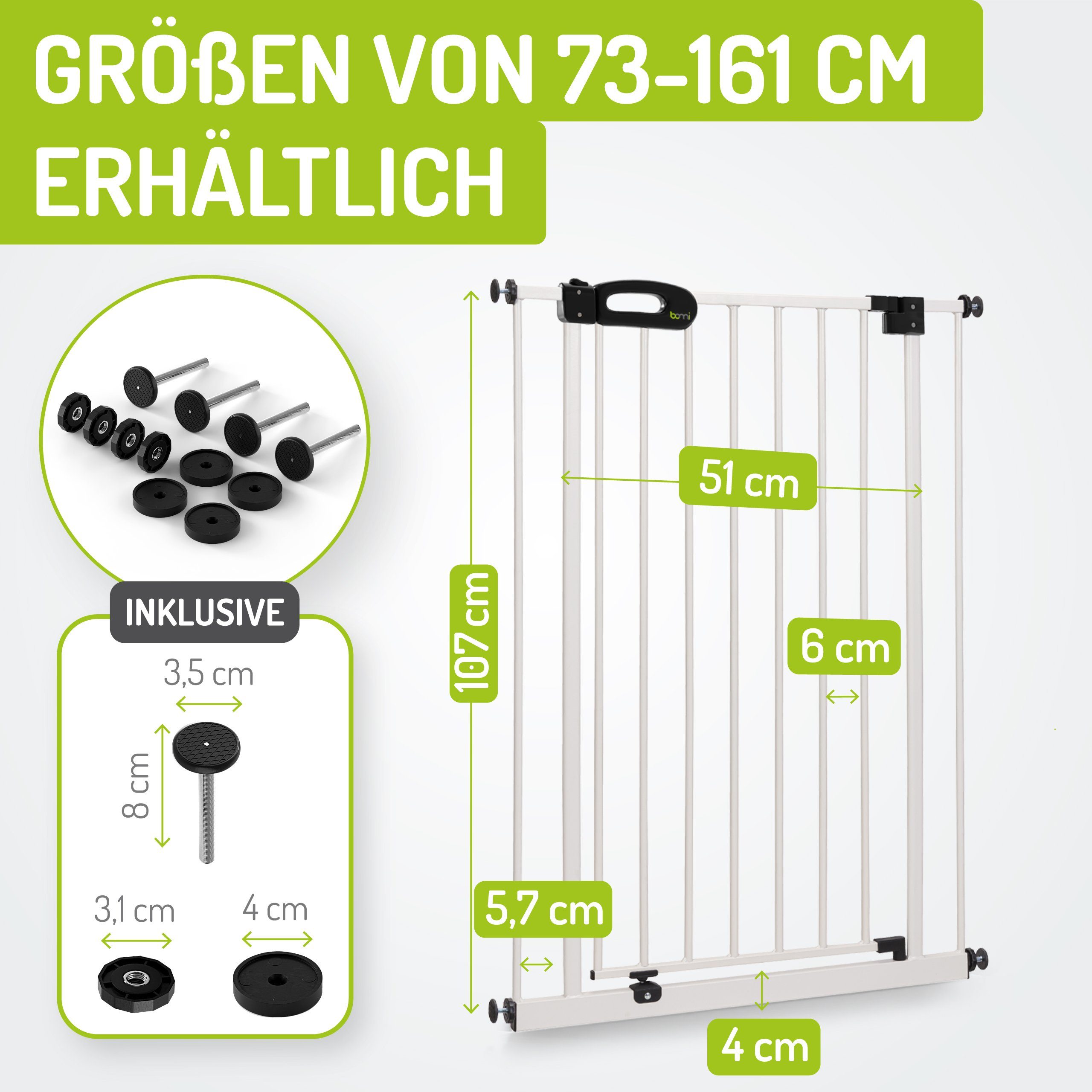 BOMI Türschutzgitter Kinderschutzgitter Extra Hoch Merle 73-161 cm zum Klemmen, 90 Grad Feststellfunktion der Tür - Selbstschließend - Ohne Bohren