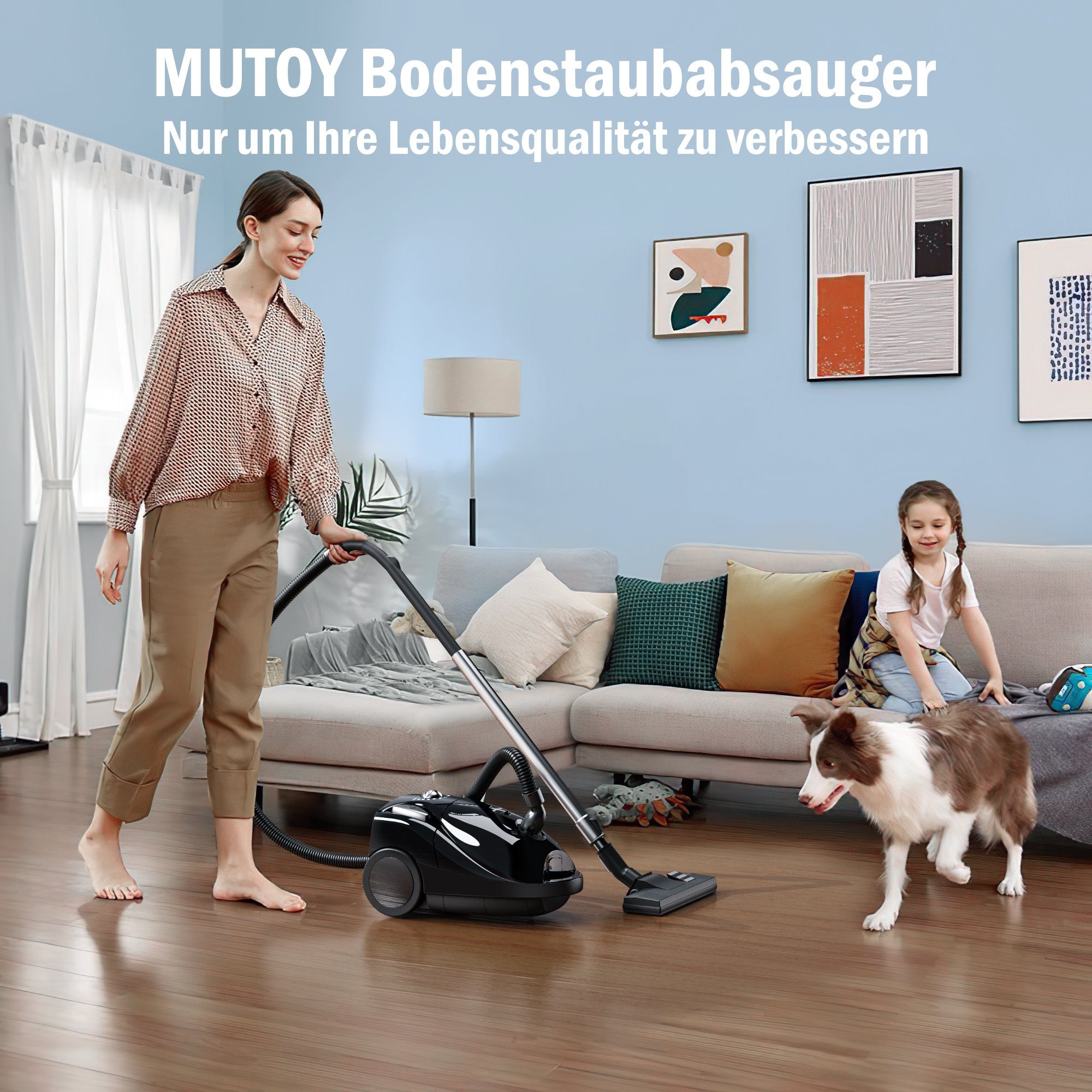 Mutoy Bodenstaubsauger Bodenstaubsauger, Staubsauger,Power Efficiency Motor, 1200,00 W, mit Beutel, Einstellung der Saugleistung,Automatischer Kabeleinzug,für Hartboden
